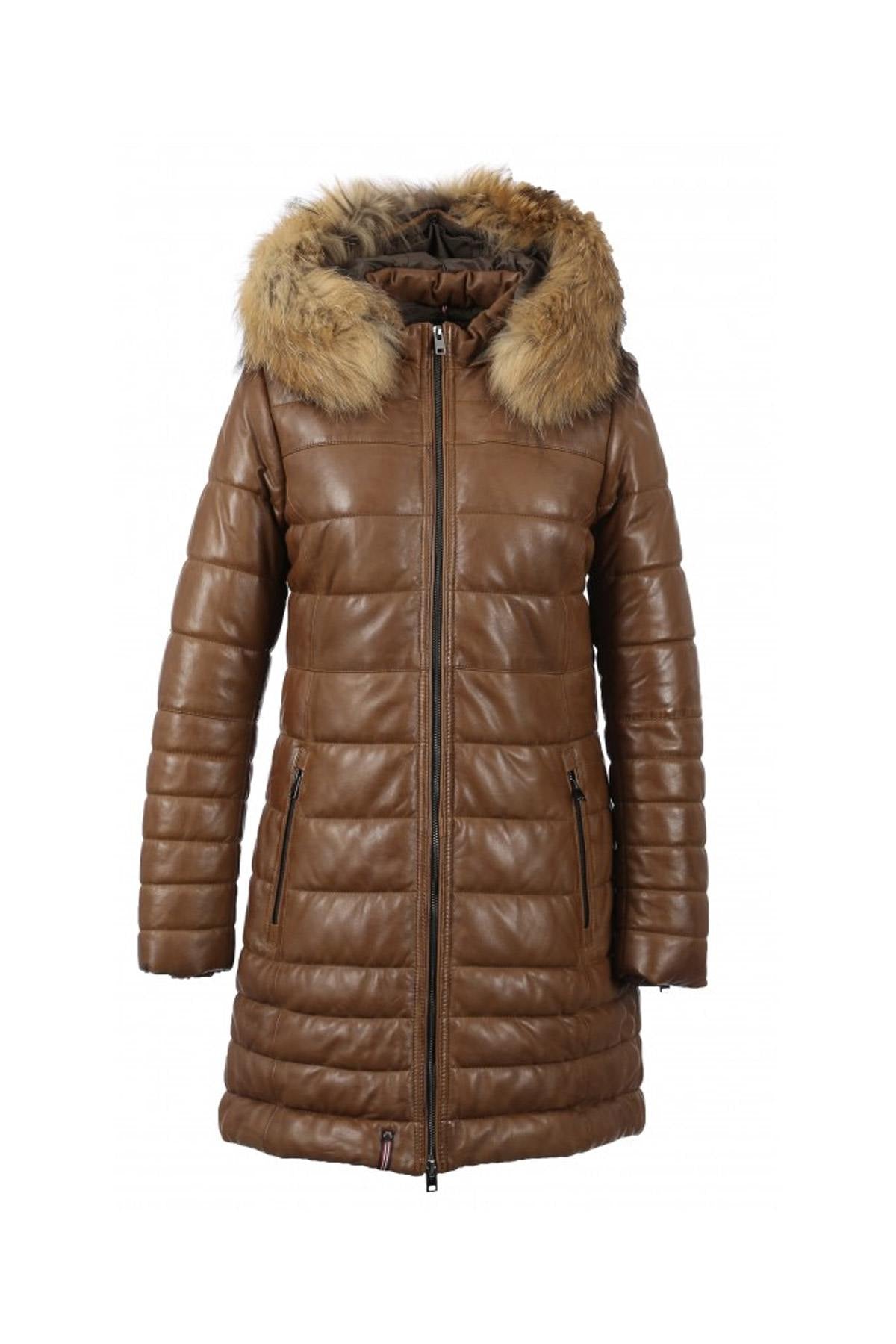 Long down jacket in cognac genuine leather - Image n°10