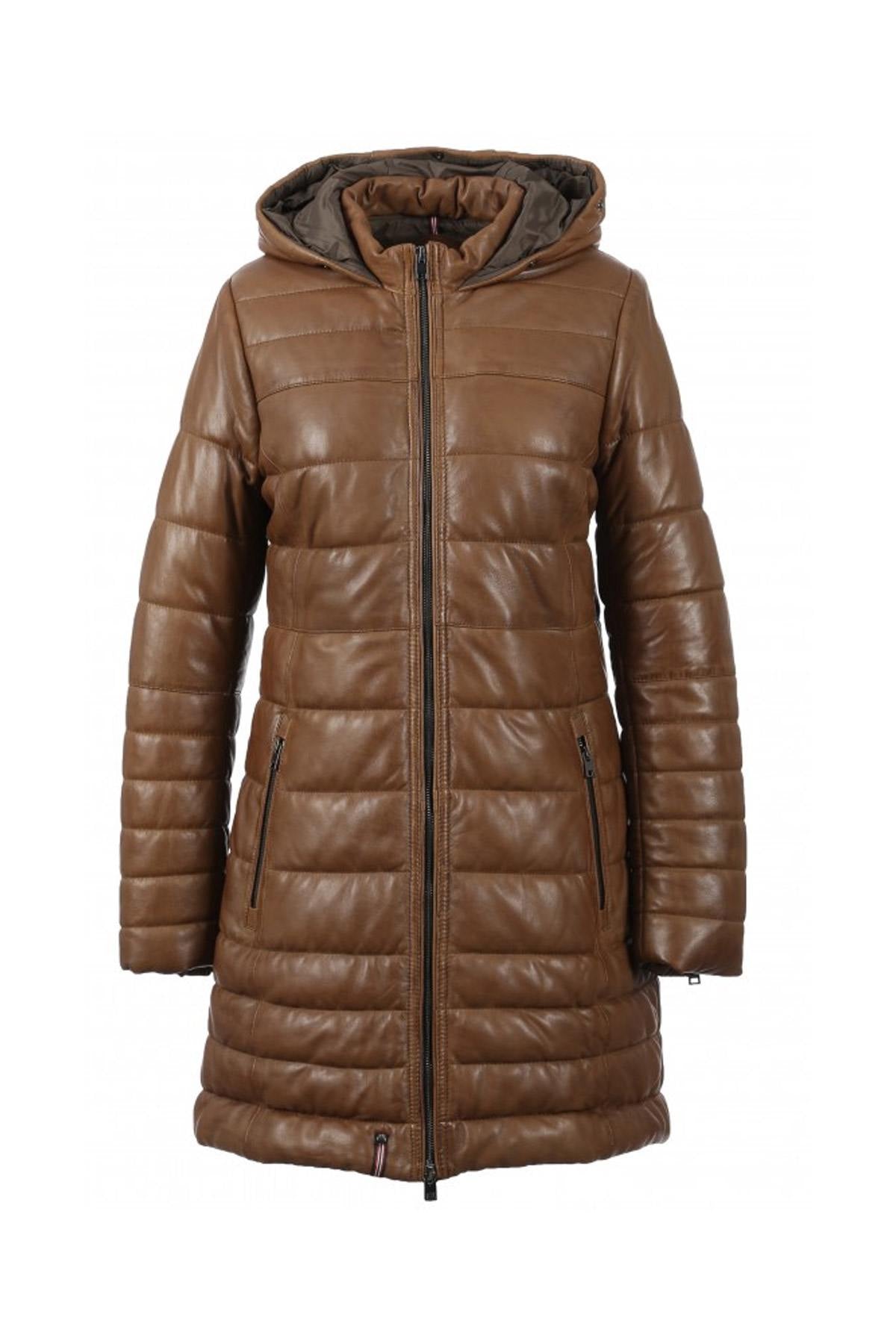 Long down jacket in cognac genuine leather - Image n°11