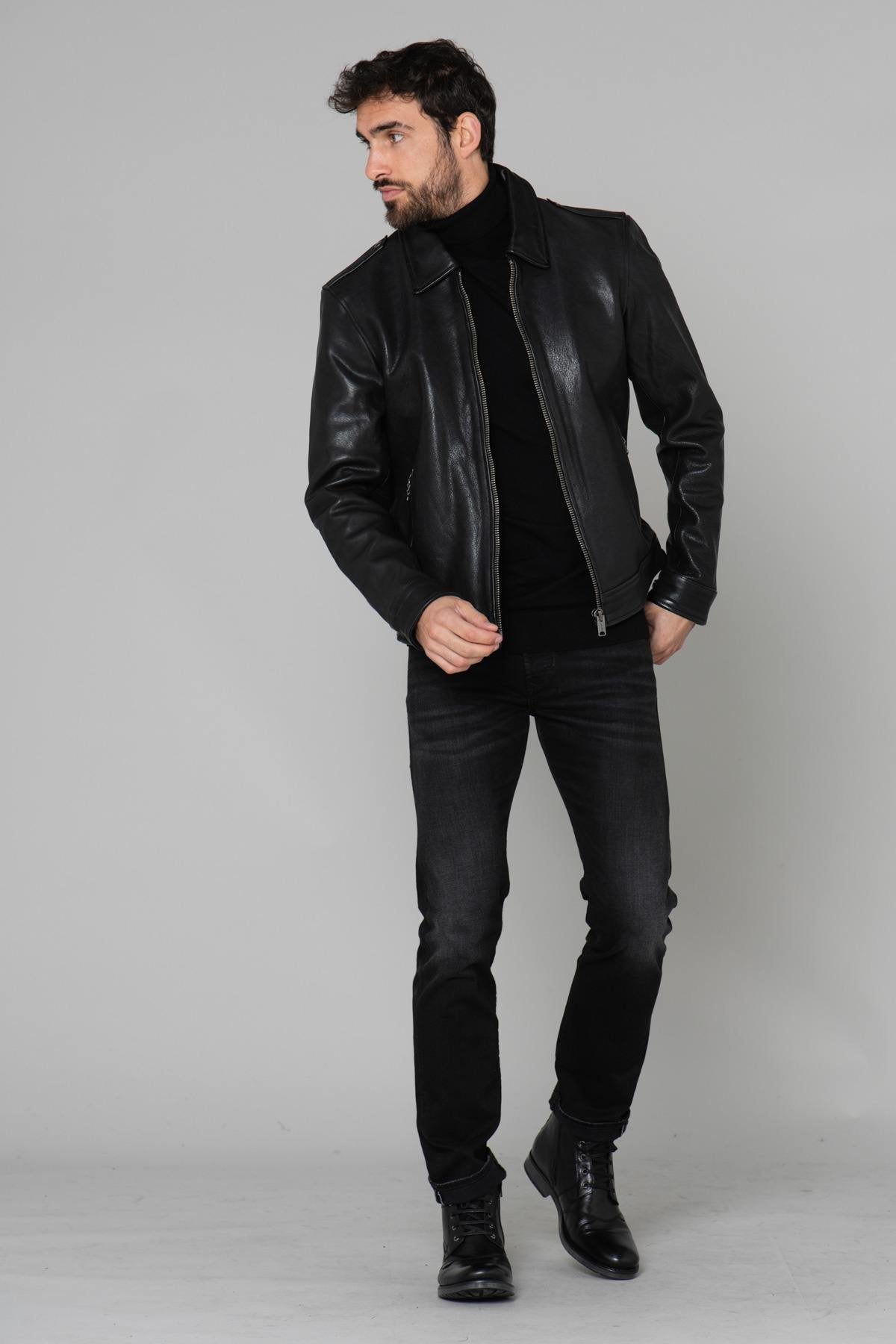 Military style jacket in black leather - Image n°2