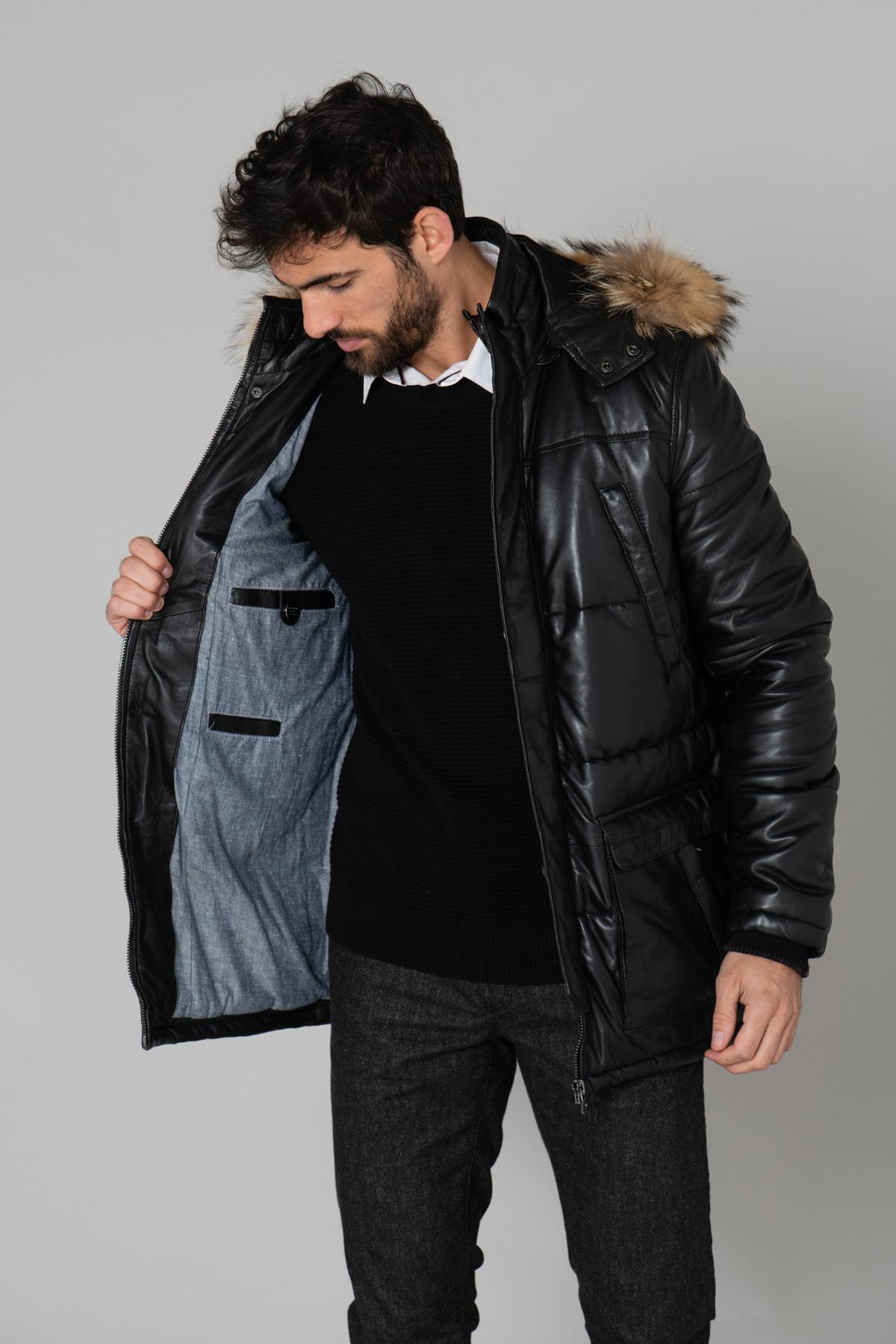 Men's down jacket in black sheepskin leather - Image n°4