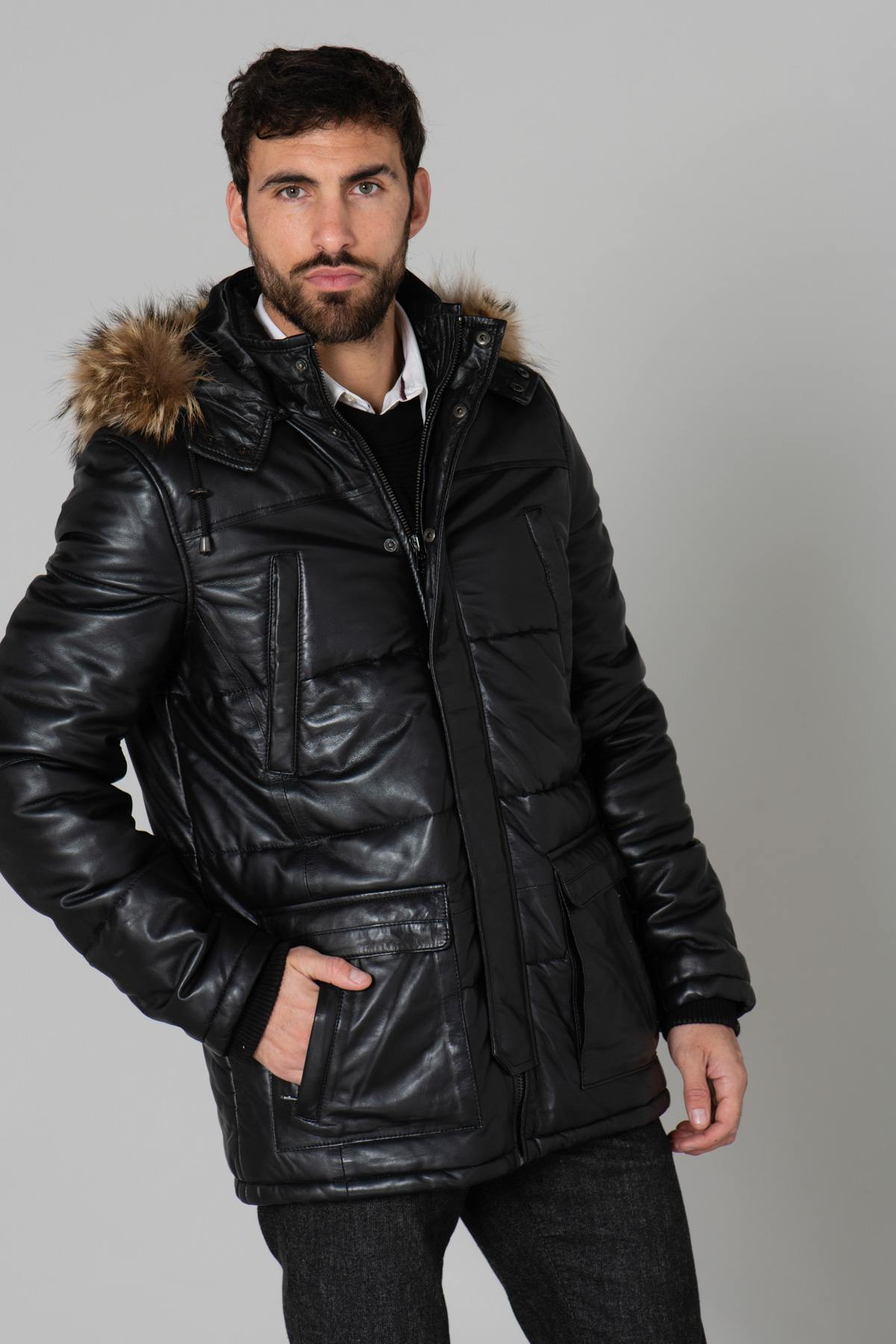 Men's down jacket in black sheepskin leather - Image n°5