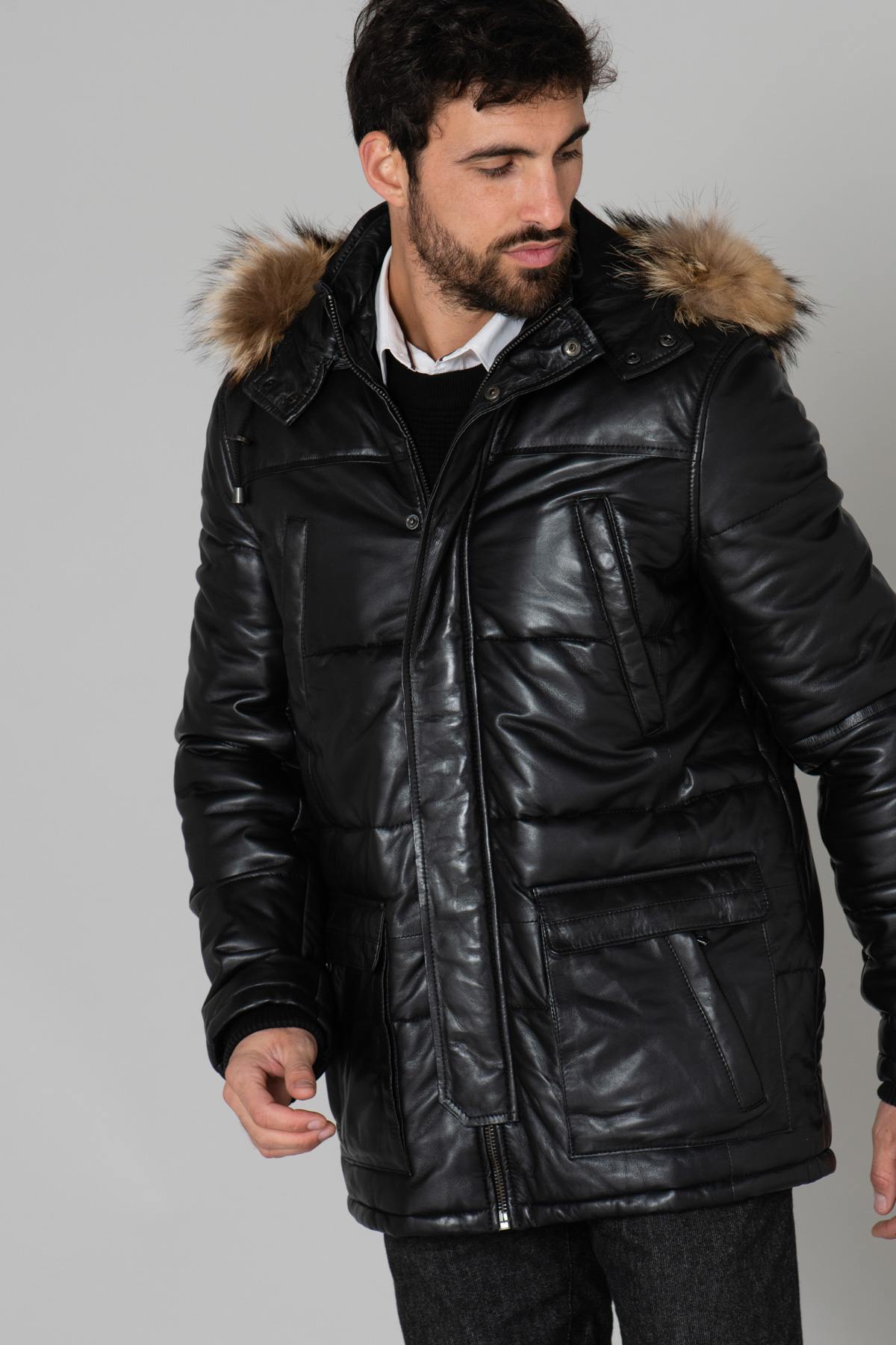 Men's down jacket in black sheepskin leather - Image n°2