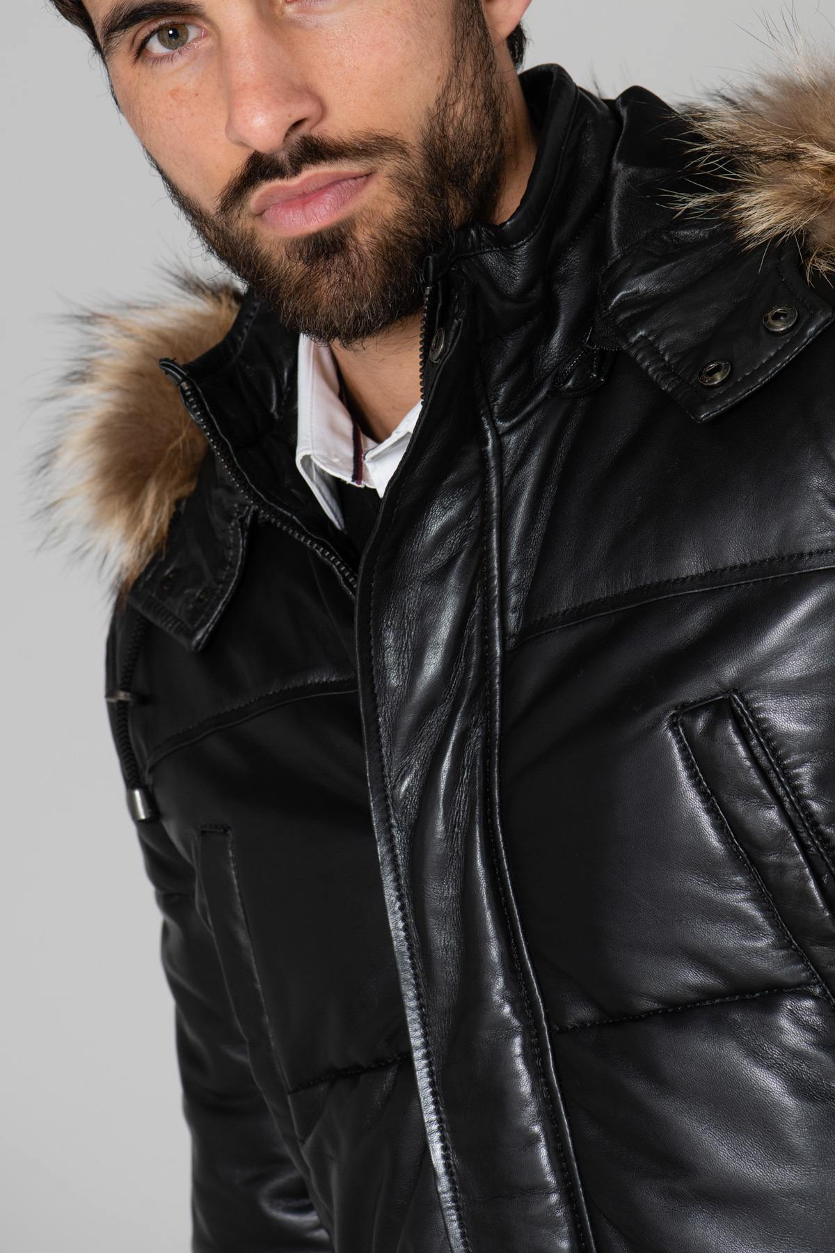 Men's down jacket in black sheepskin leather - Image n°7