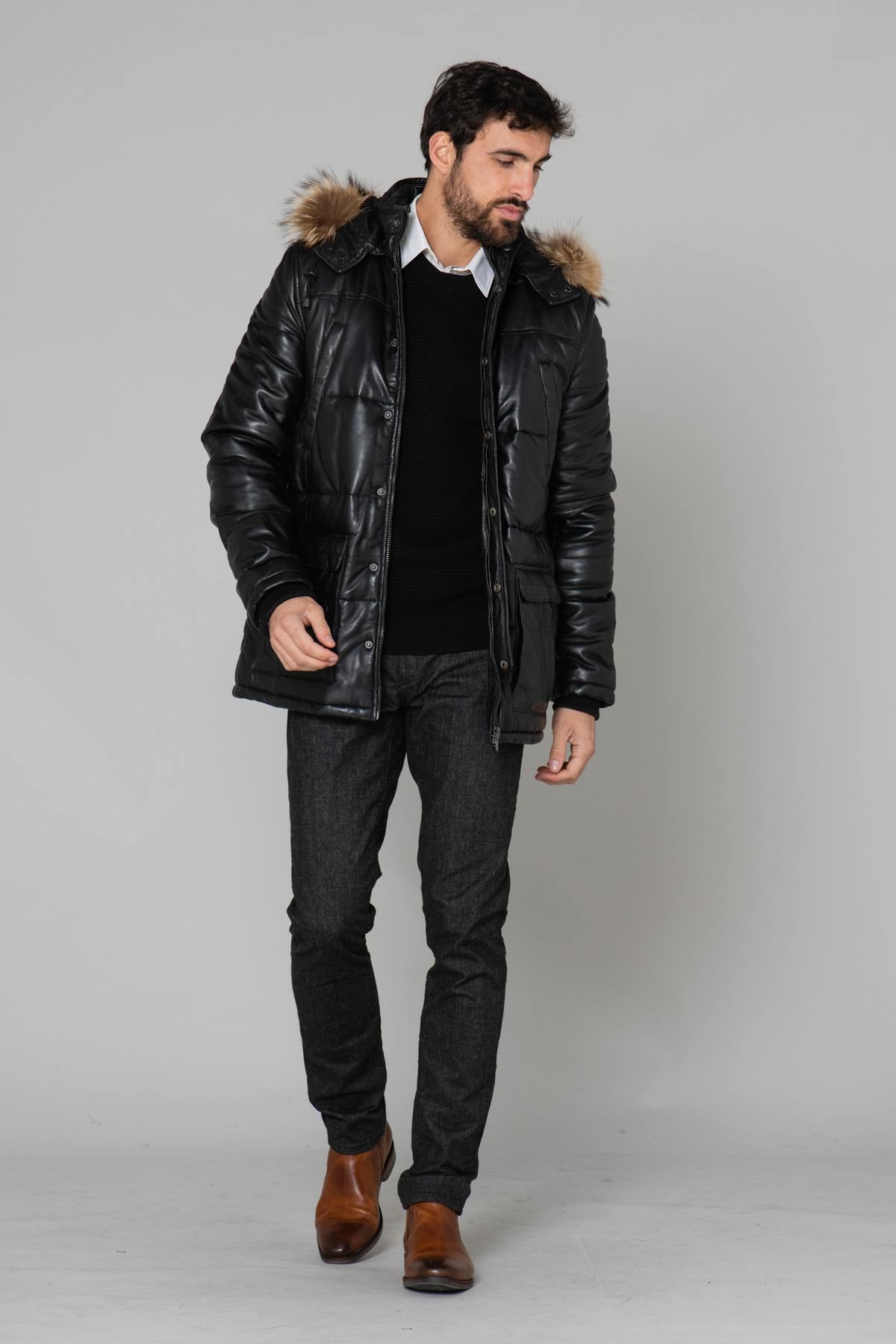 Men's down jacket in black sheepskin leather - Image n°3