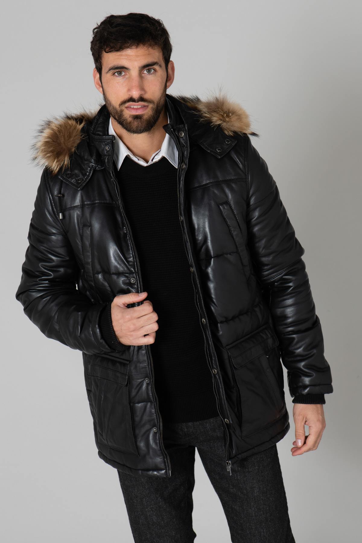 Men's down jacket in black sheepskin leather - Image n°1