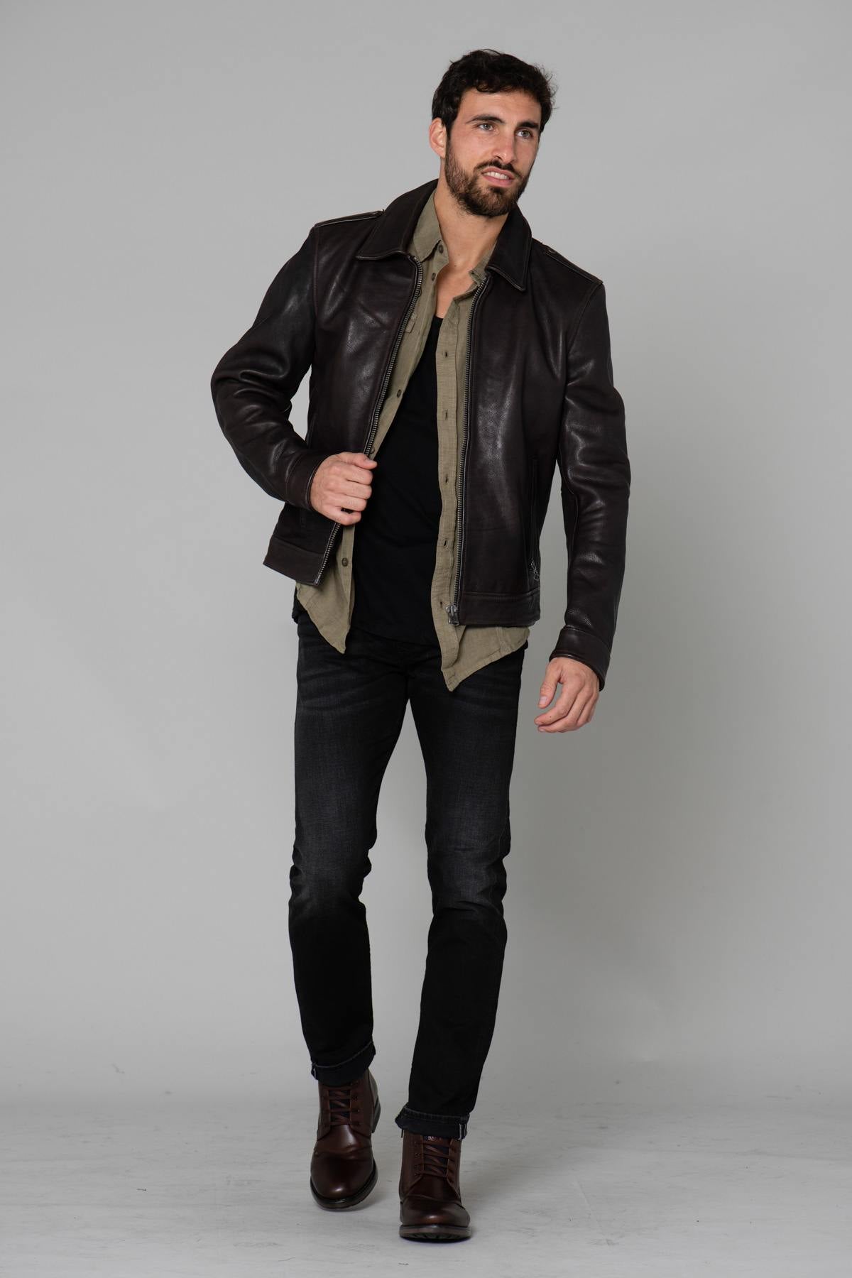 Dark brown military leather jacket - Image n°3