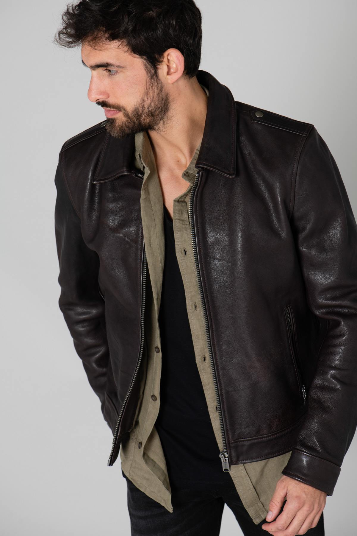 Dark brown military leather jacket - Image n°4