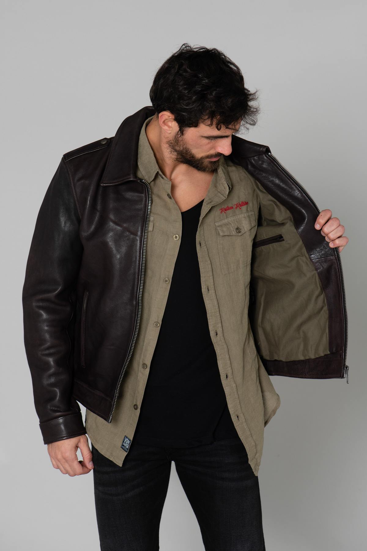 Dark brown military leather jacket - Image n°6