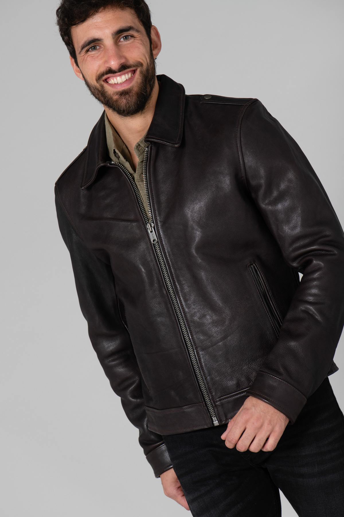 Dark brown military leather jacket - Image n°5