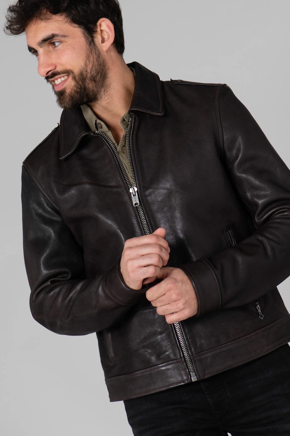 Dark brown military leather jacket - Image n°2