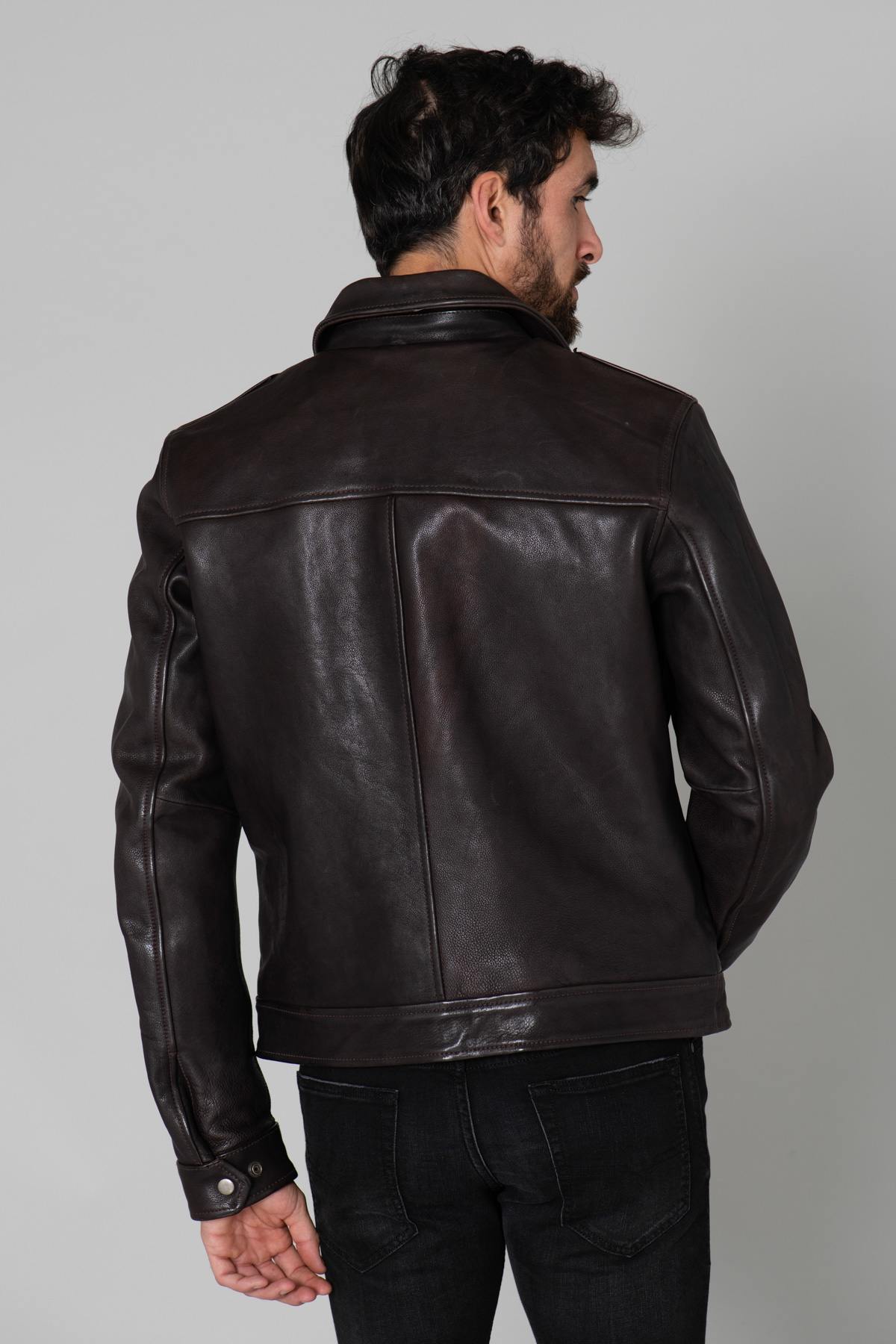 Dark brown military leather jacket - Image n°7