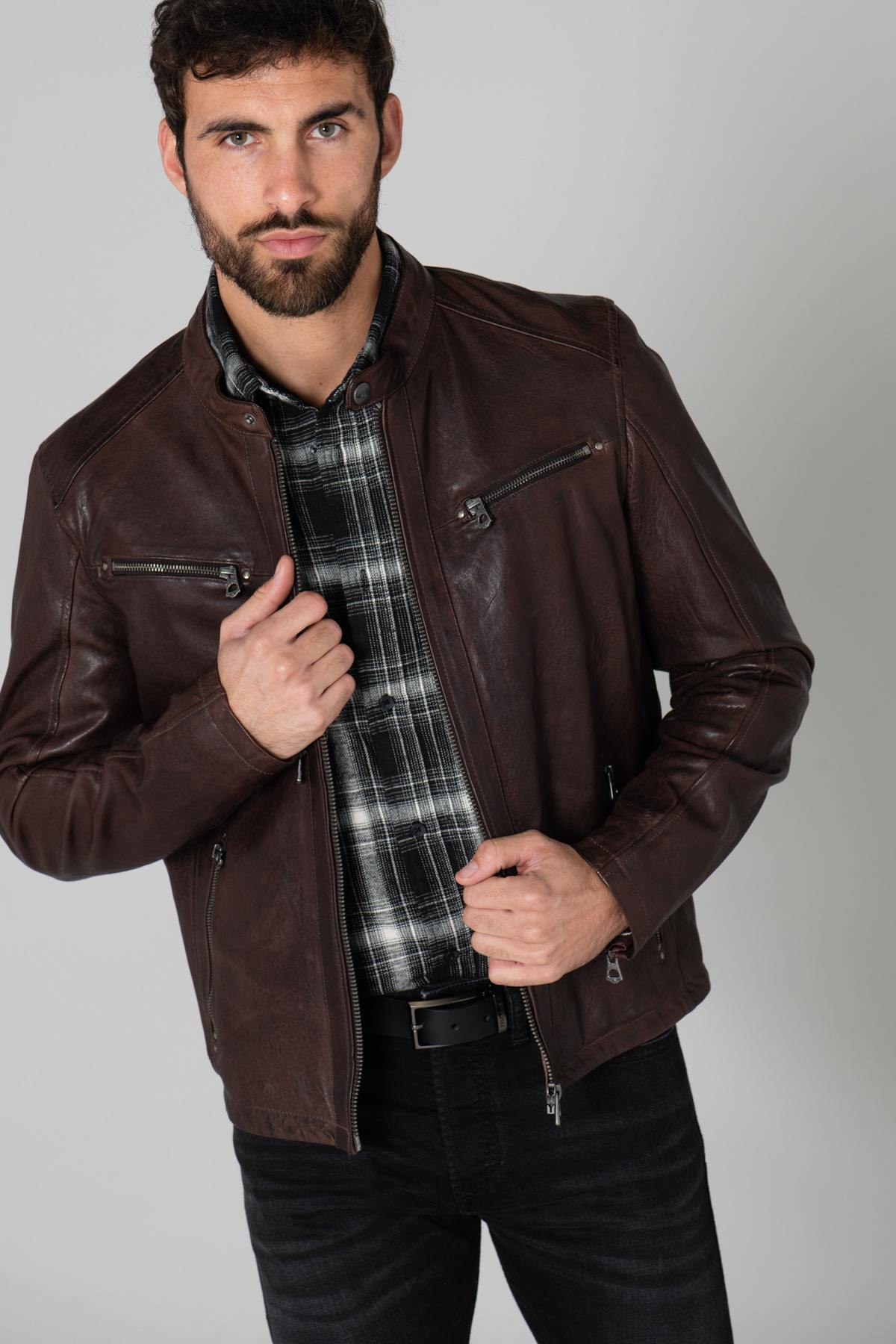 Brown leather biker jacket - Image n°1