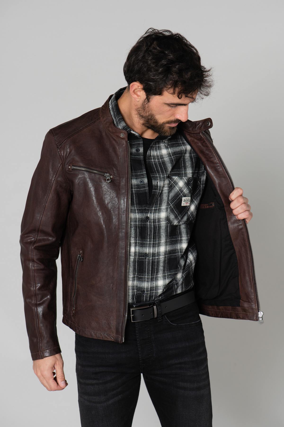 Brown leather biker jacket - Image n°3