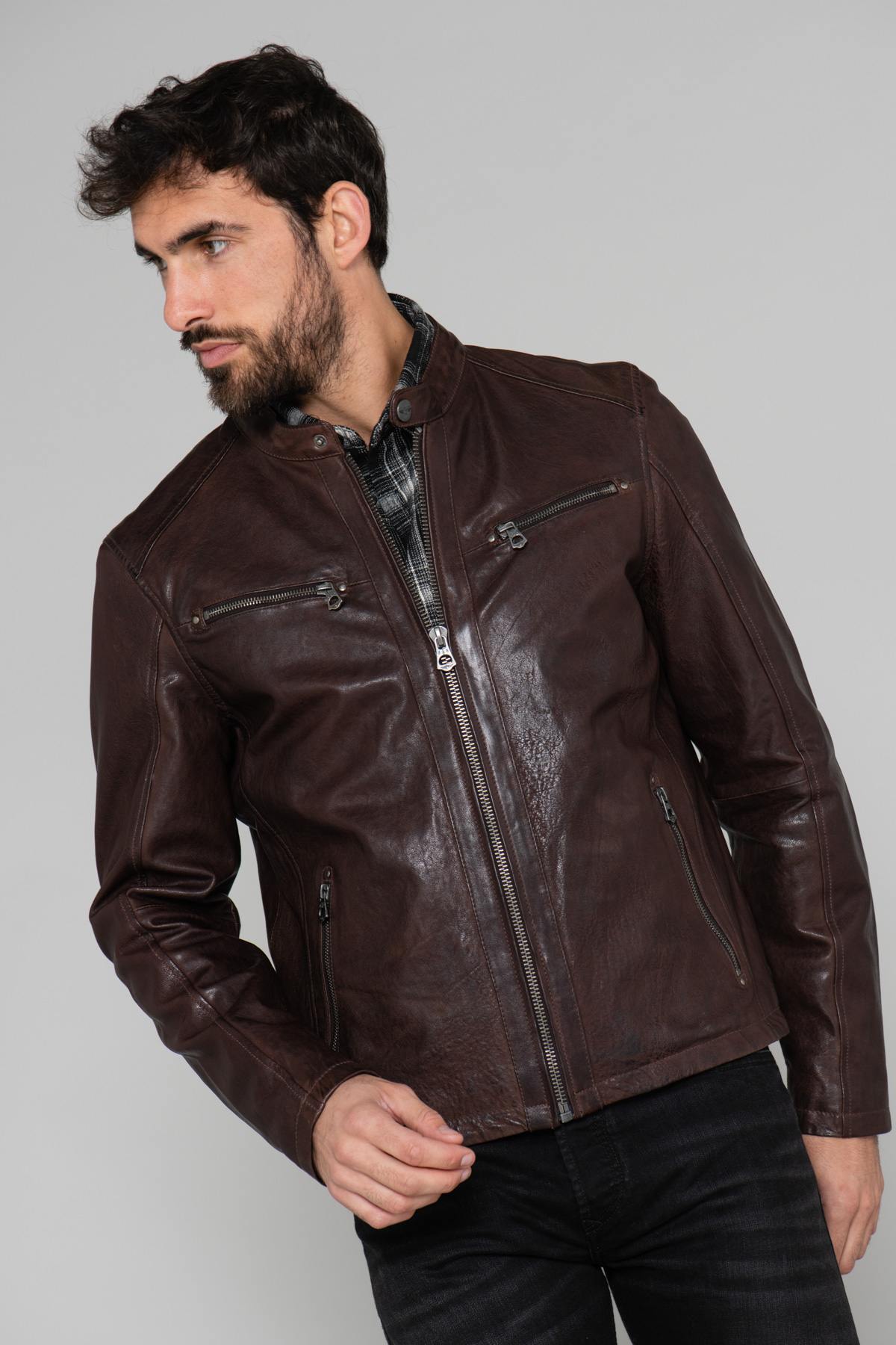 Brown leather biker jacket - Image n°4