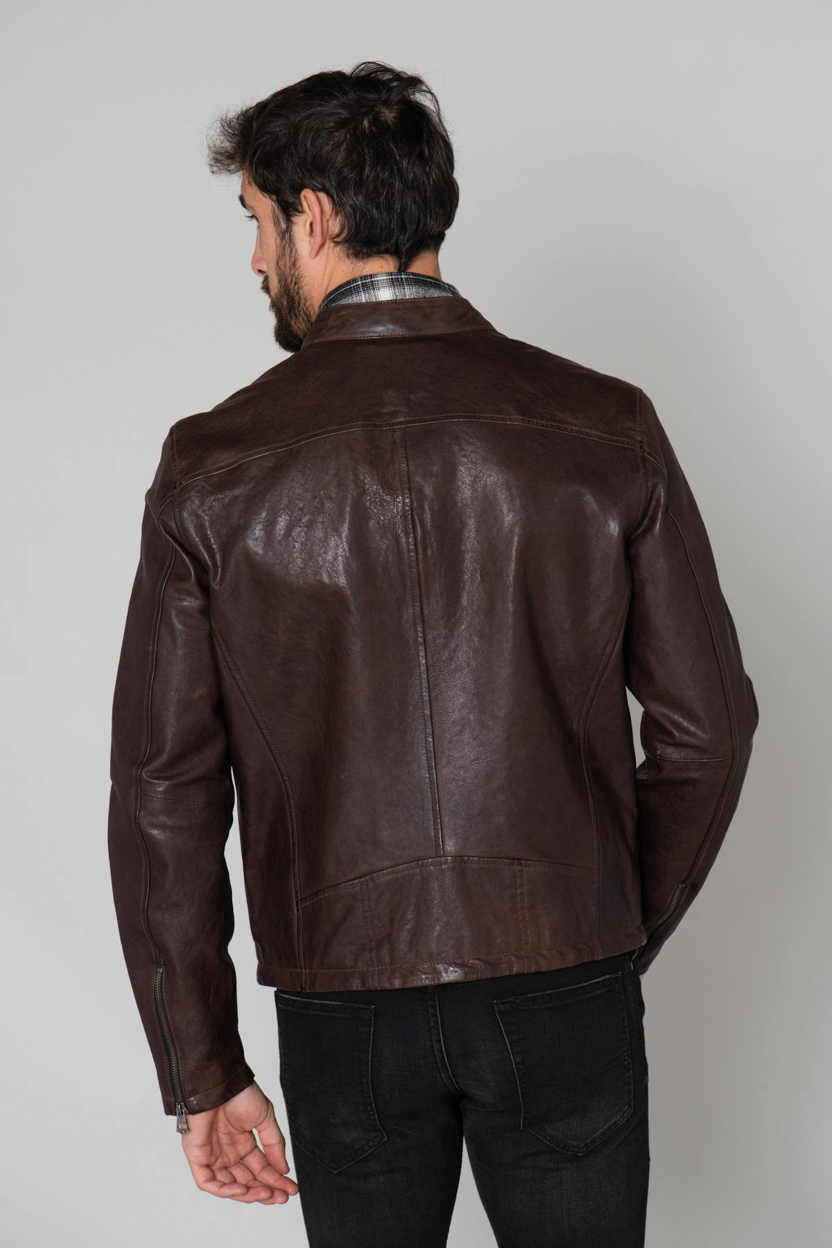 Brown leather biker jacket - Image n°5