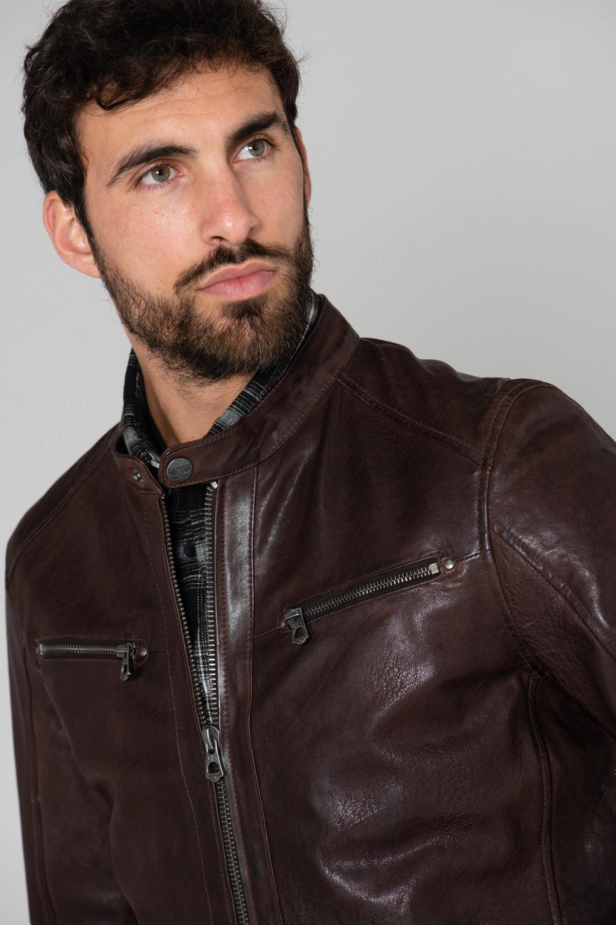 Brown leather biker jacket - Image n°6