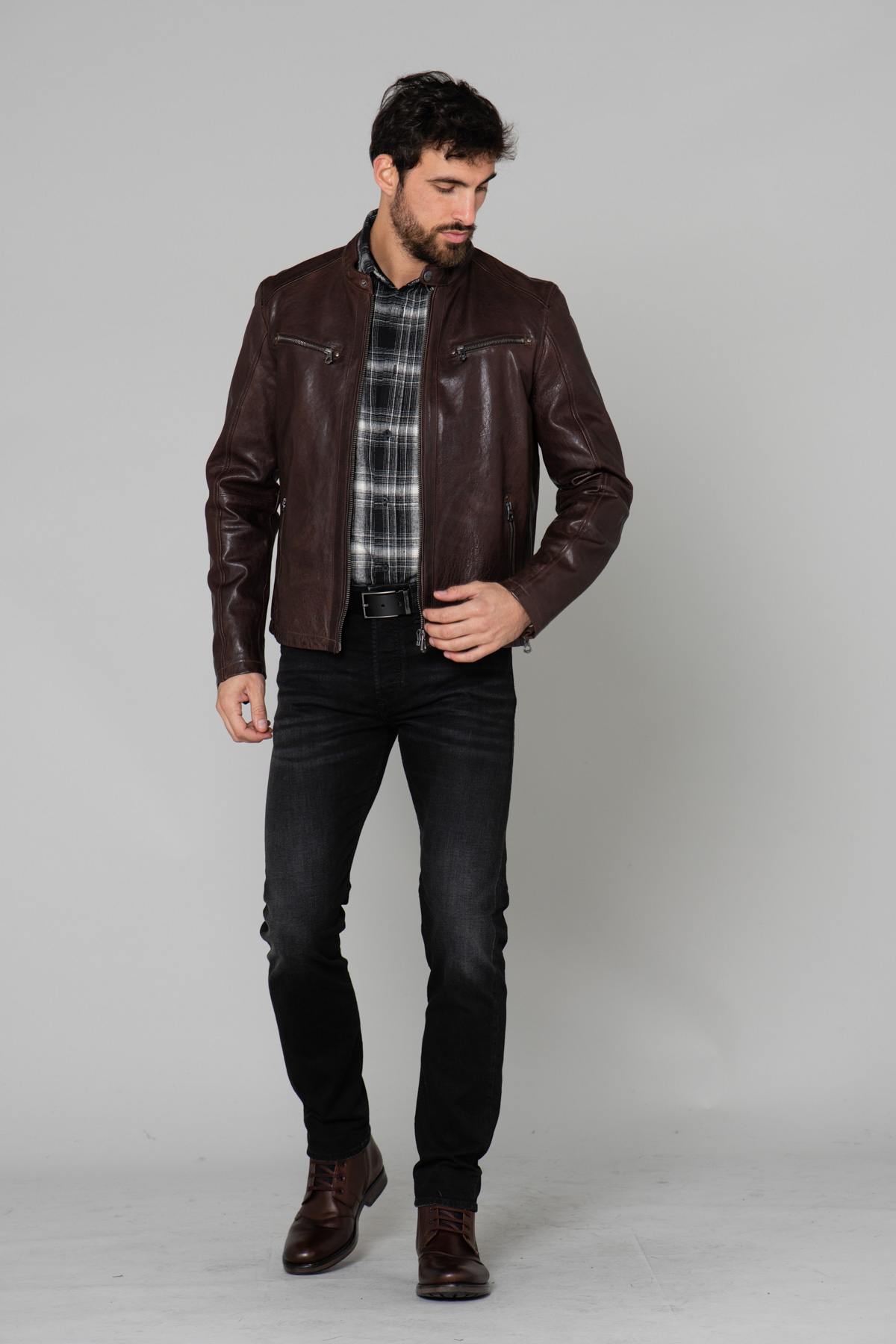 Brown leather biker jacket - Image n°2