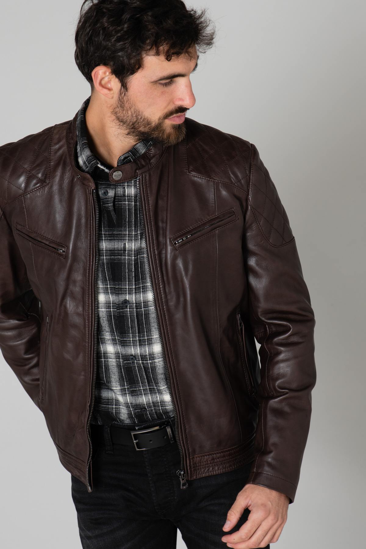 Quilted shoulder leather jacket - Image n°3