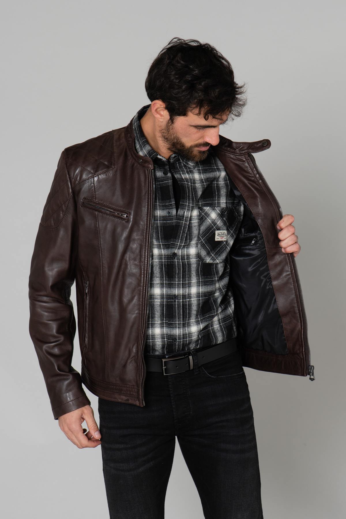 Quilted shoulder leather jacket - Image n°4