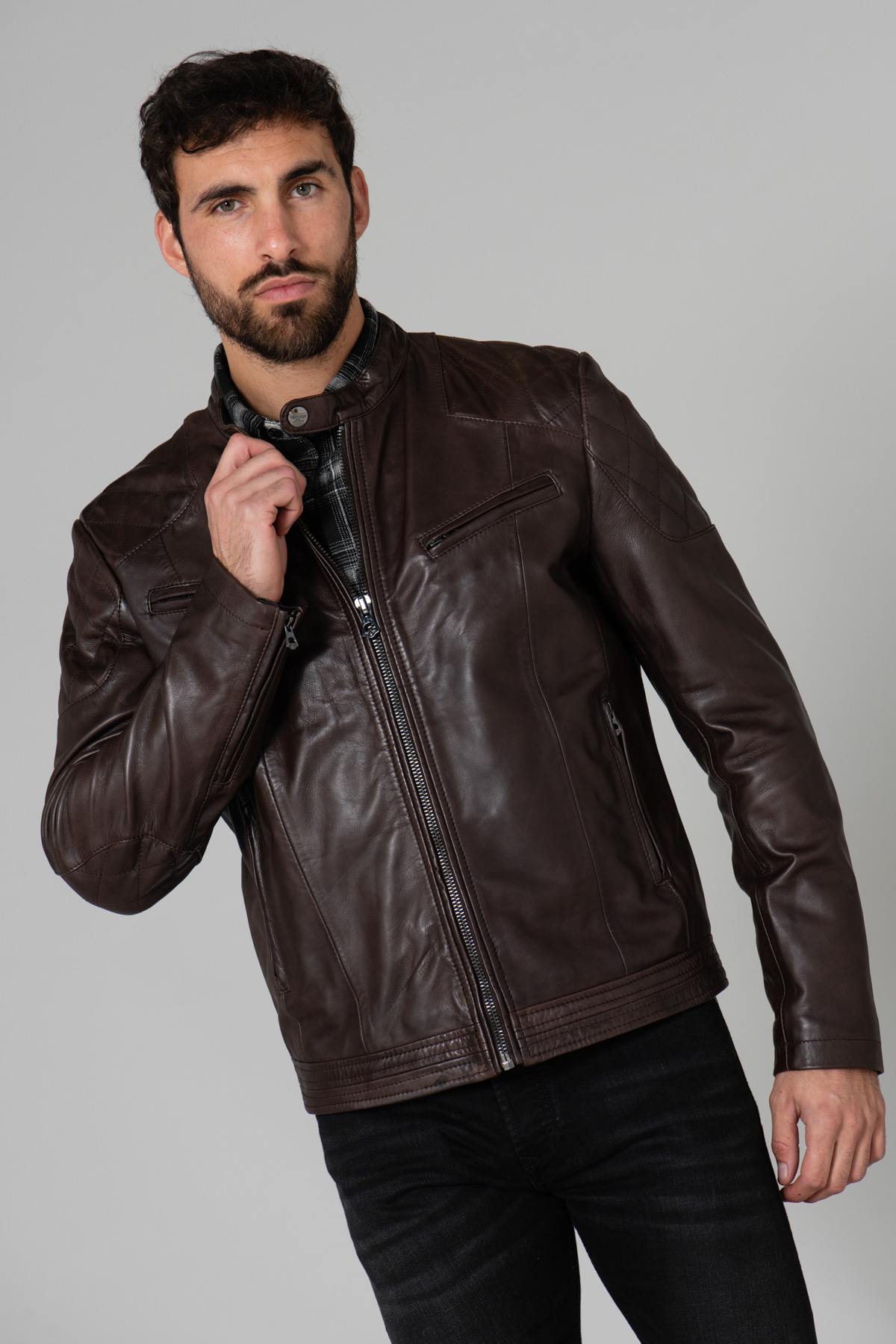 Quilted shoulder leather jacket - Image n°1