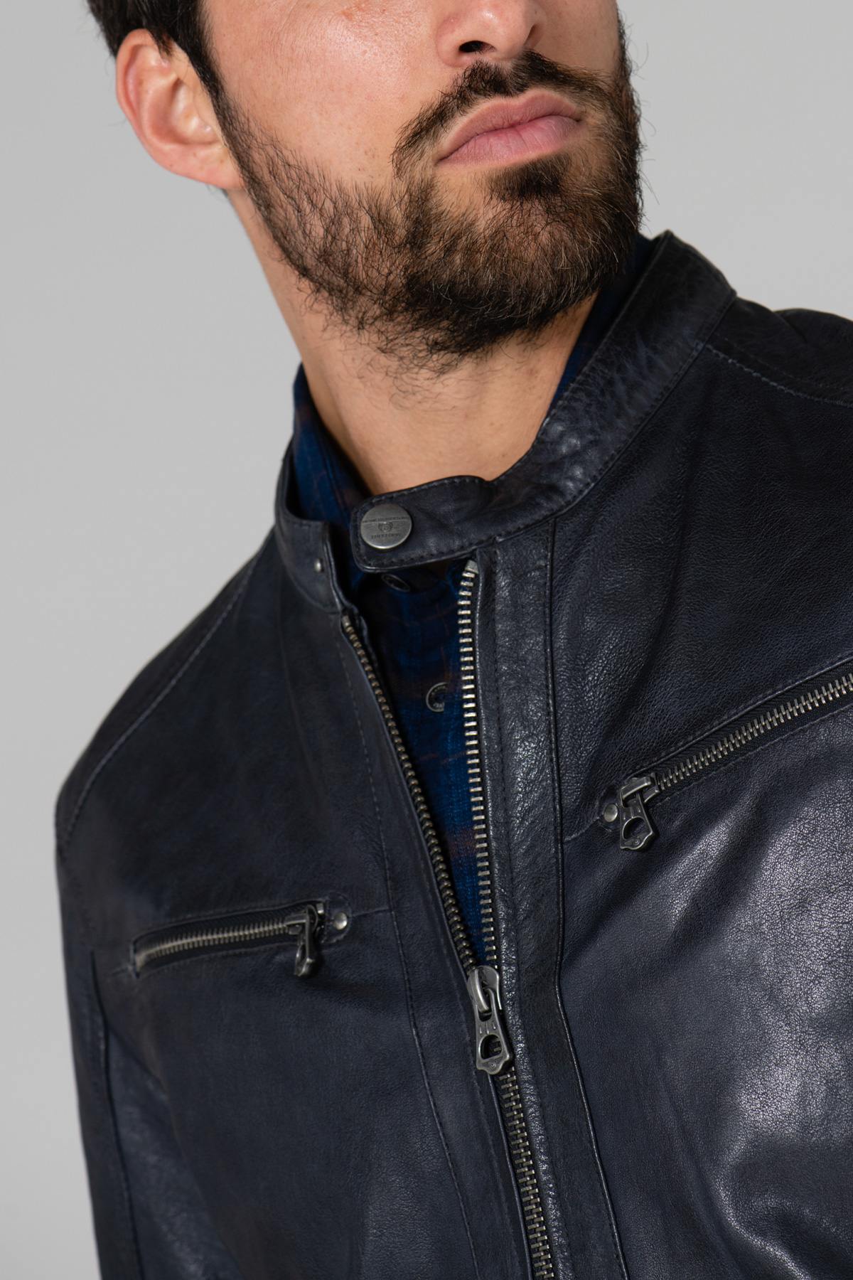 Men's navy blue leather biker collar - Image n°7