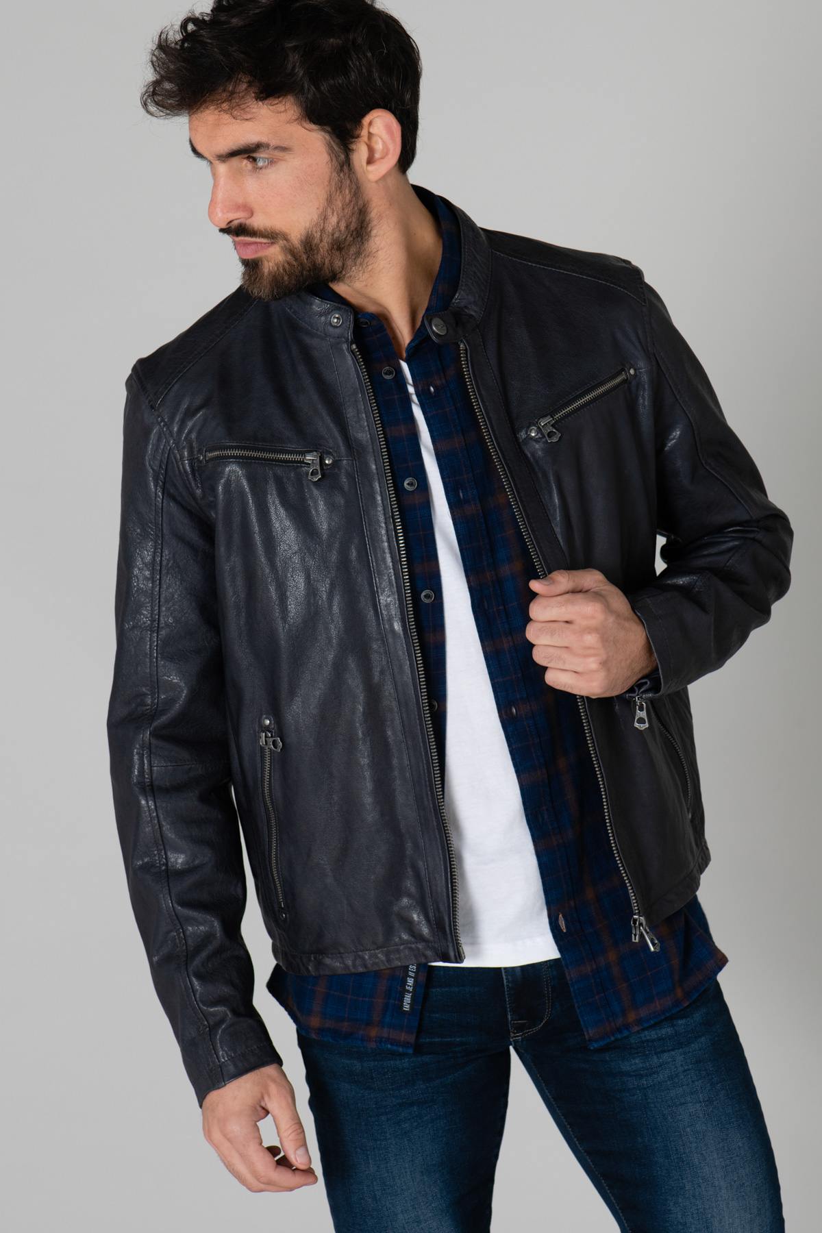 Men's navy blue leather biker collar - Image n°1