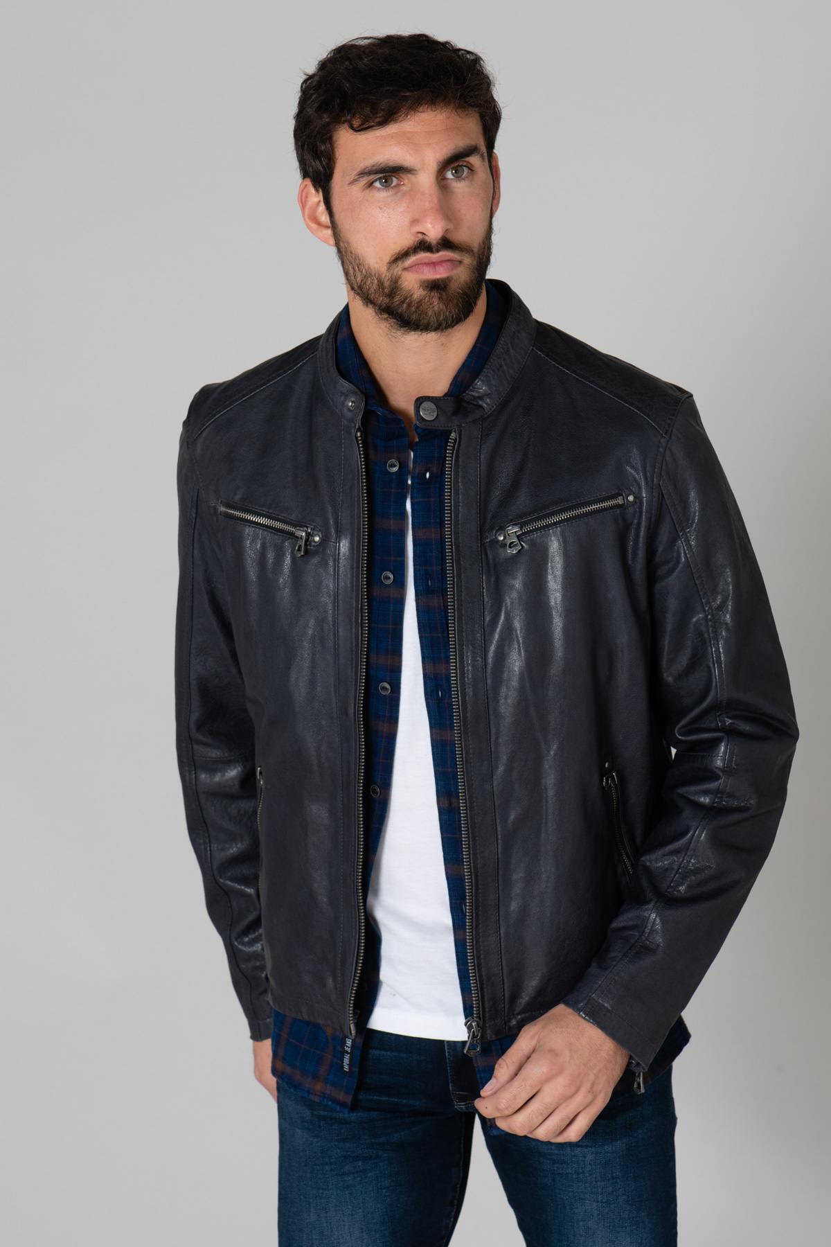 Men's navy blue leather biker collar - Image n°4