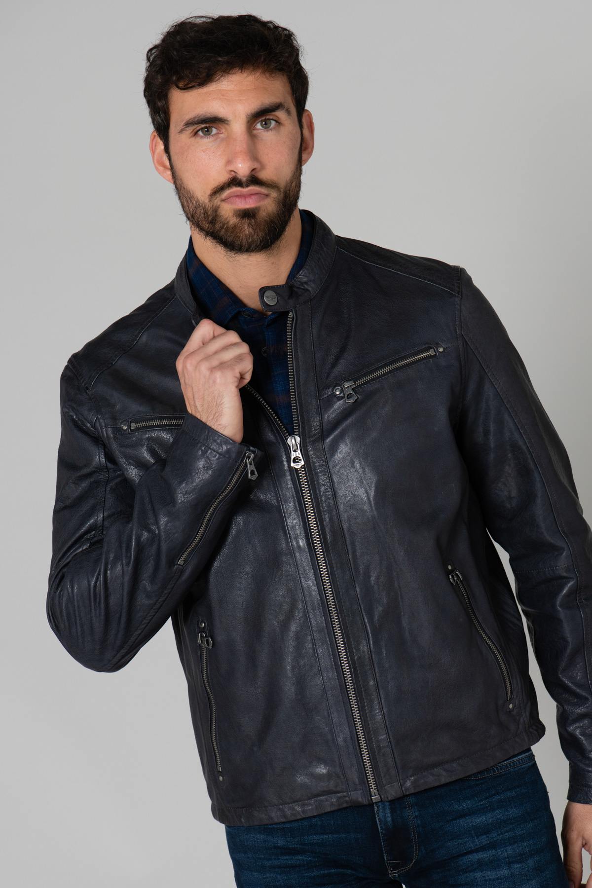 Men's navy blue leather biker collar - Image n°3