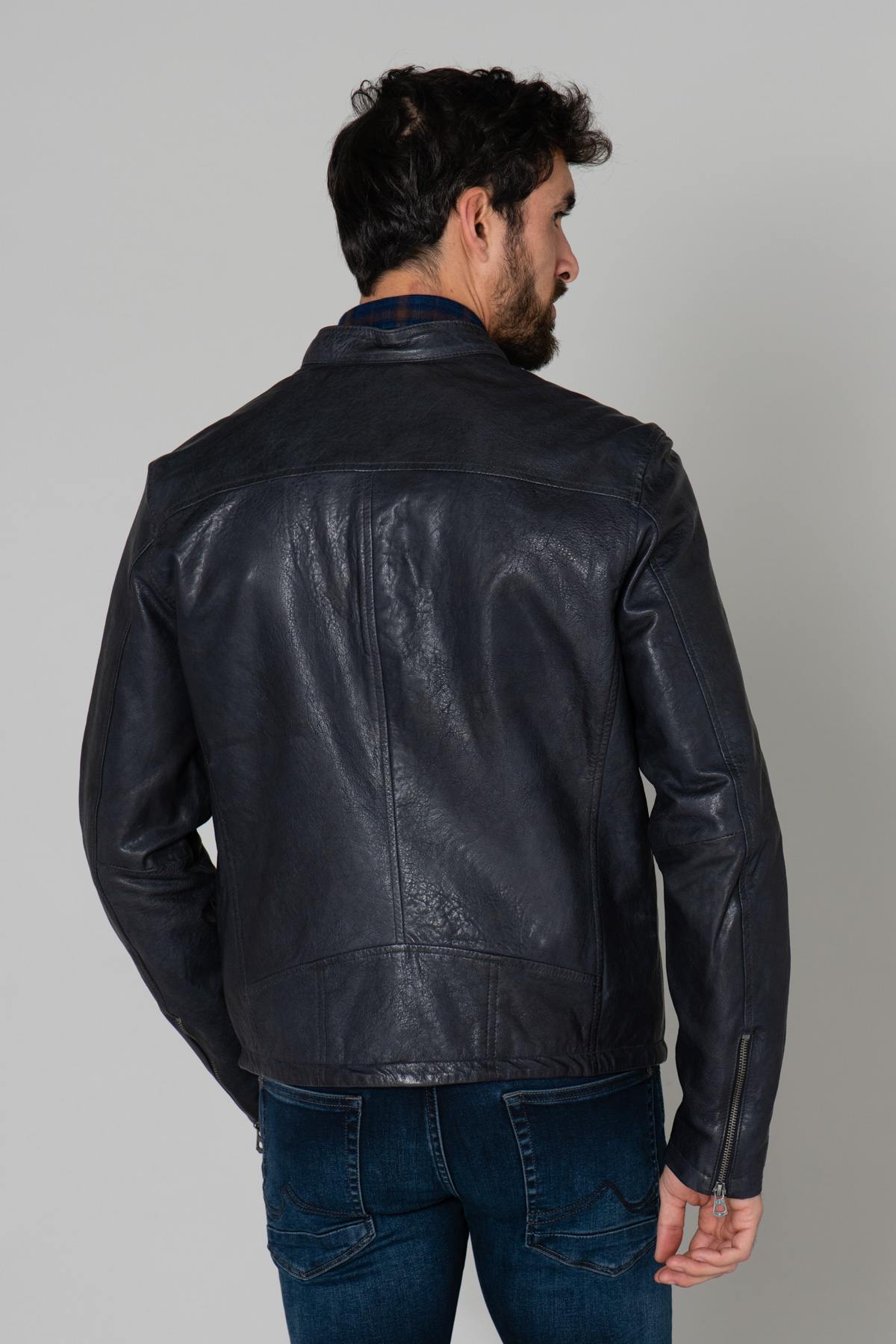 Men's navy blue leather biker collar - Image n°6