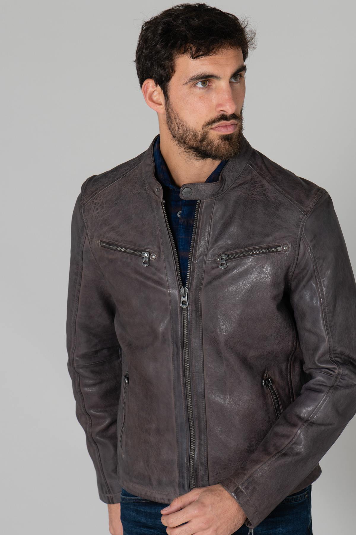 Gray motorcycle-style leather jacket - Image n°1