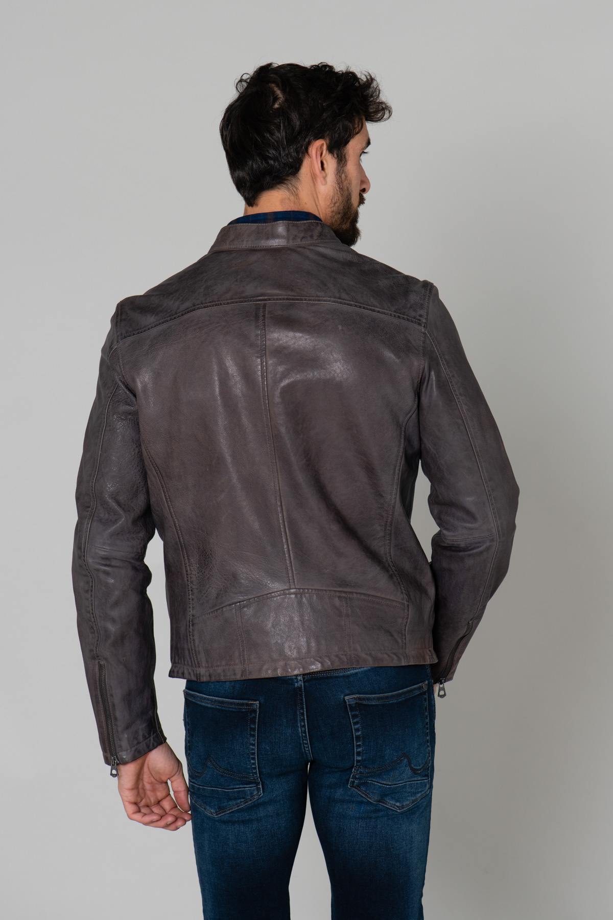 Gray motorcycle-style leather jacket - Image n°5