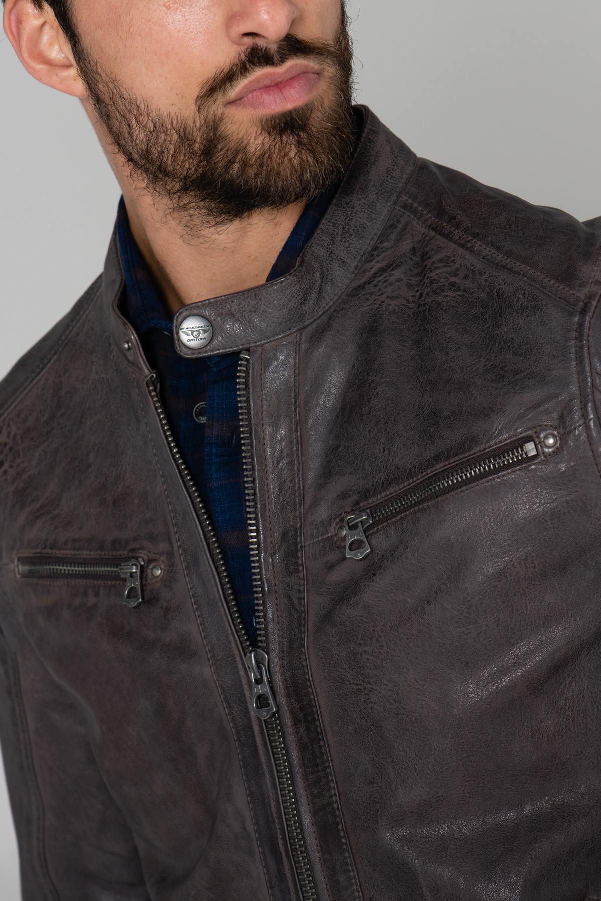 Gray motorcycle-style leather jacket - Image n°6