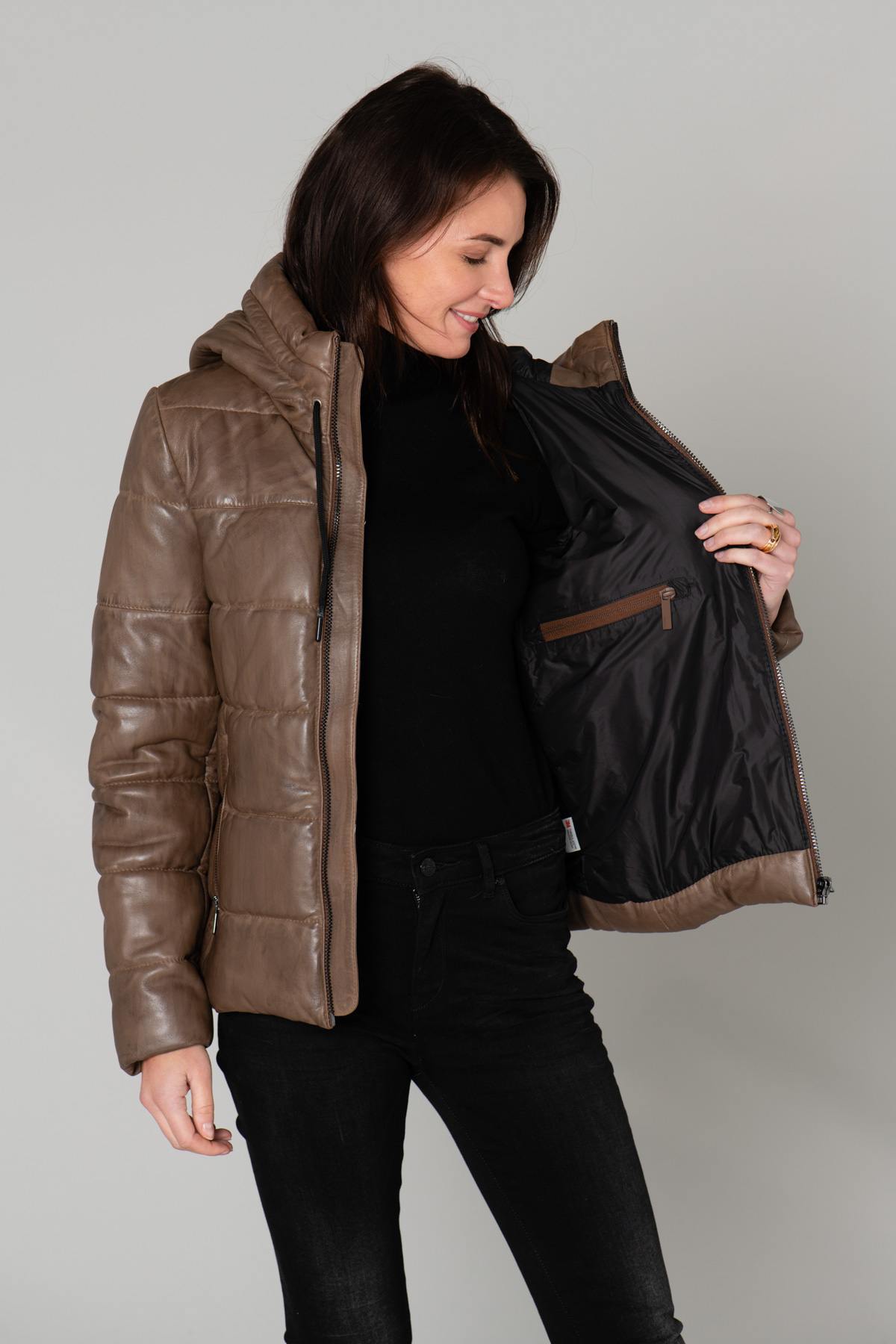 Brown leather down jacket for women - Image n°5