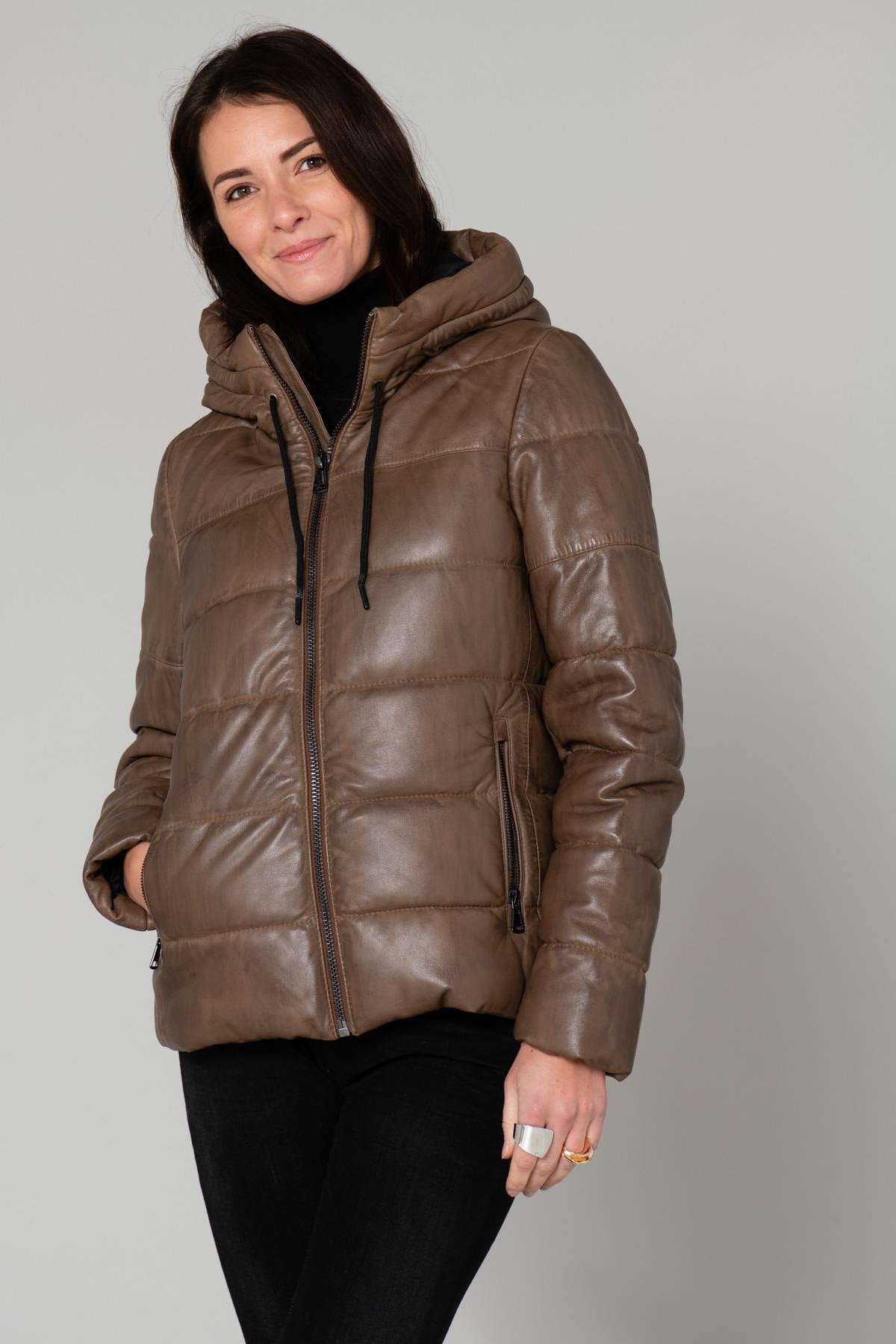 Brown leather down jacket for women - Image n°4