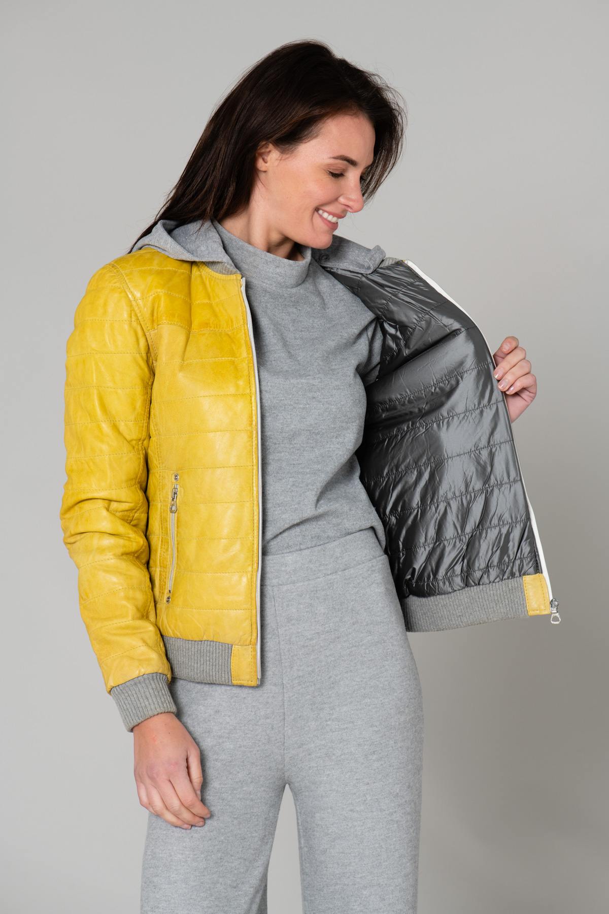 Fine yellow genuine leather down jacket - Image n°5