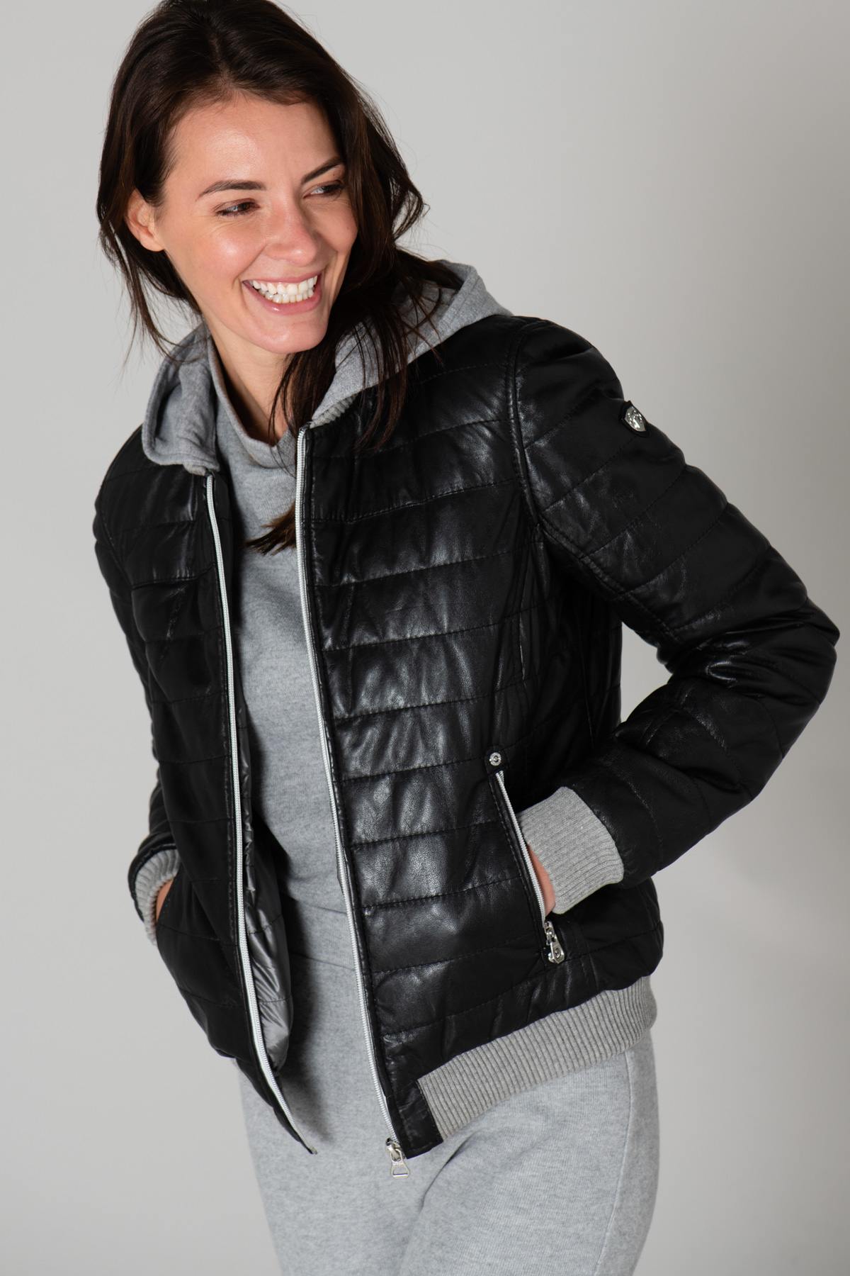 Black leather sportswear down jacket - Image n°1