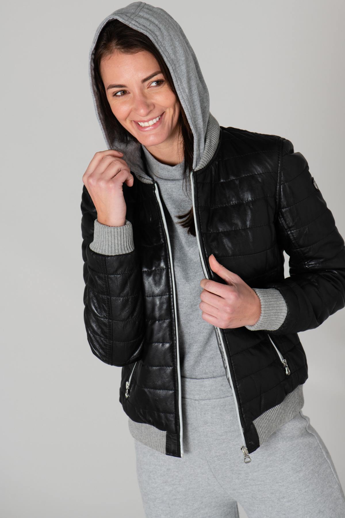 Black leather sportswear down jacket - Image n°4