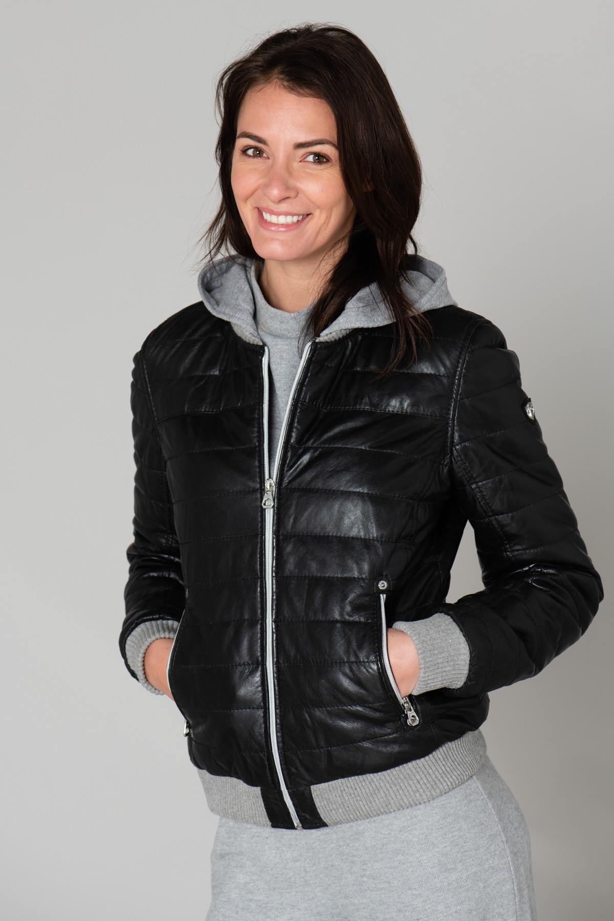 Black leather sportswear down jacket - Image n°3