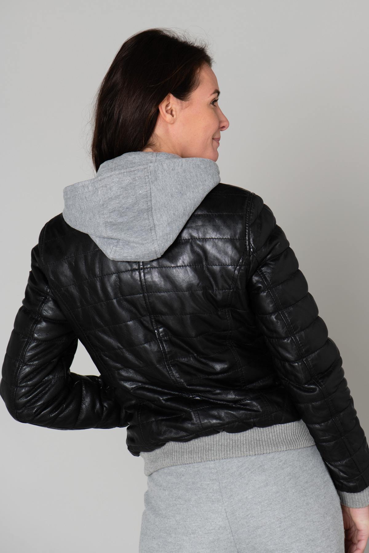 Black leather sportswear down jacket - Image n°6