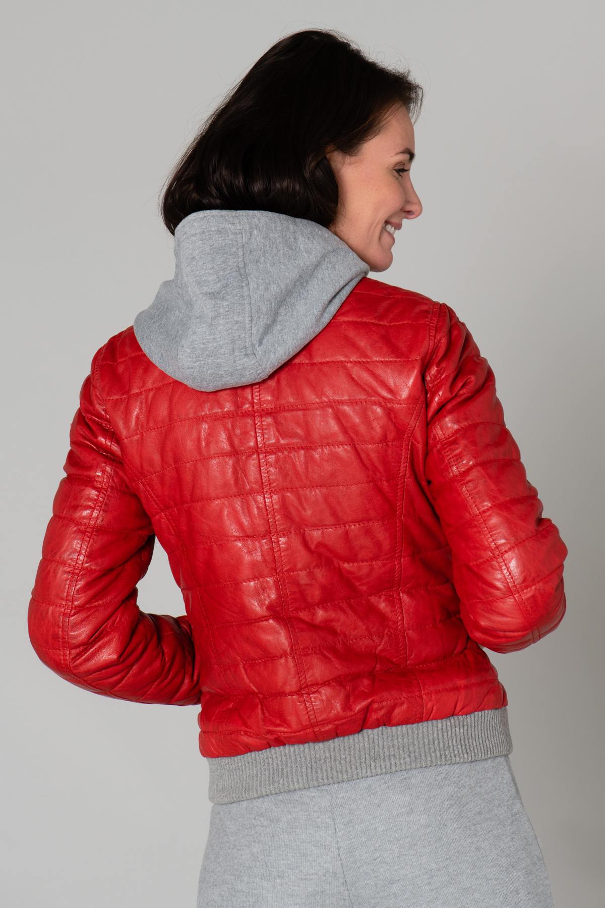 Fine red leather down jacket with cotton hood - Image n°6