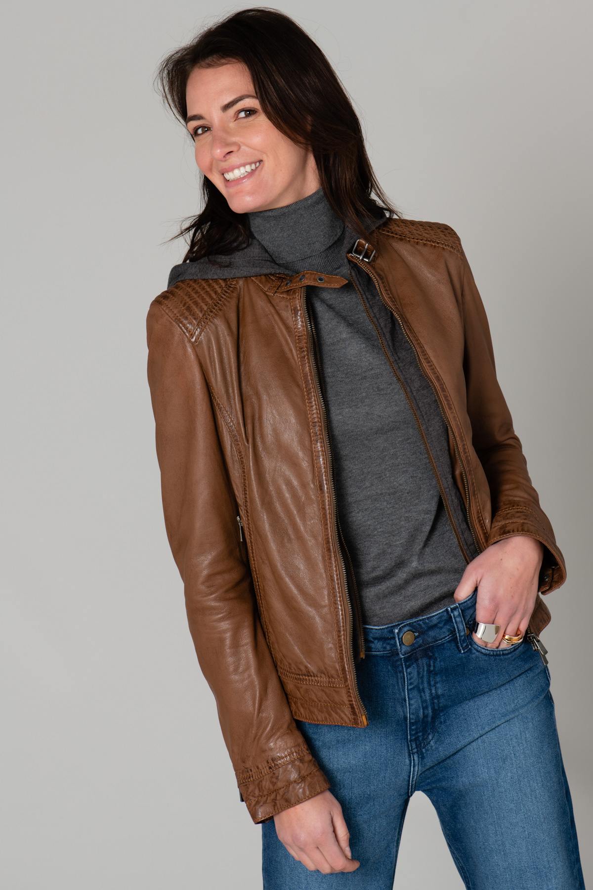 Leather jacket with hooded facing - Image n°9