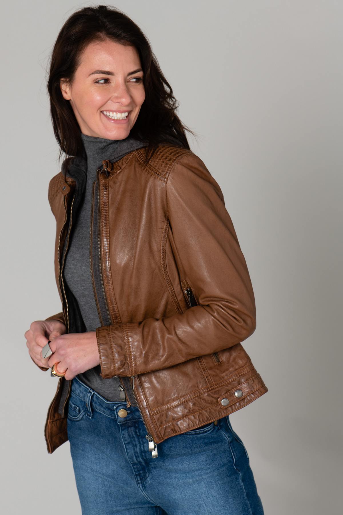 Leather jacket with hooded facing - Image n°3