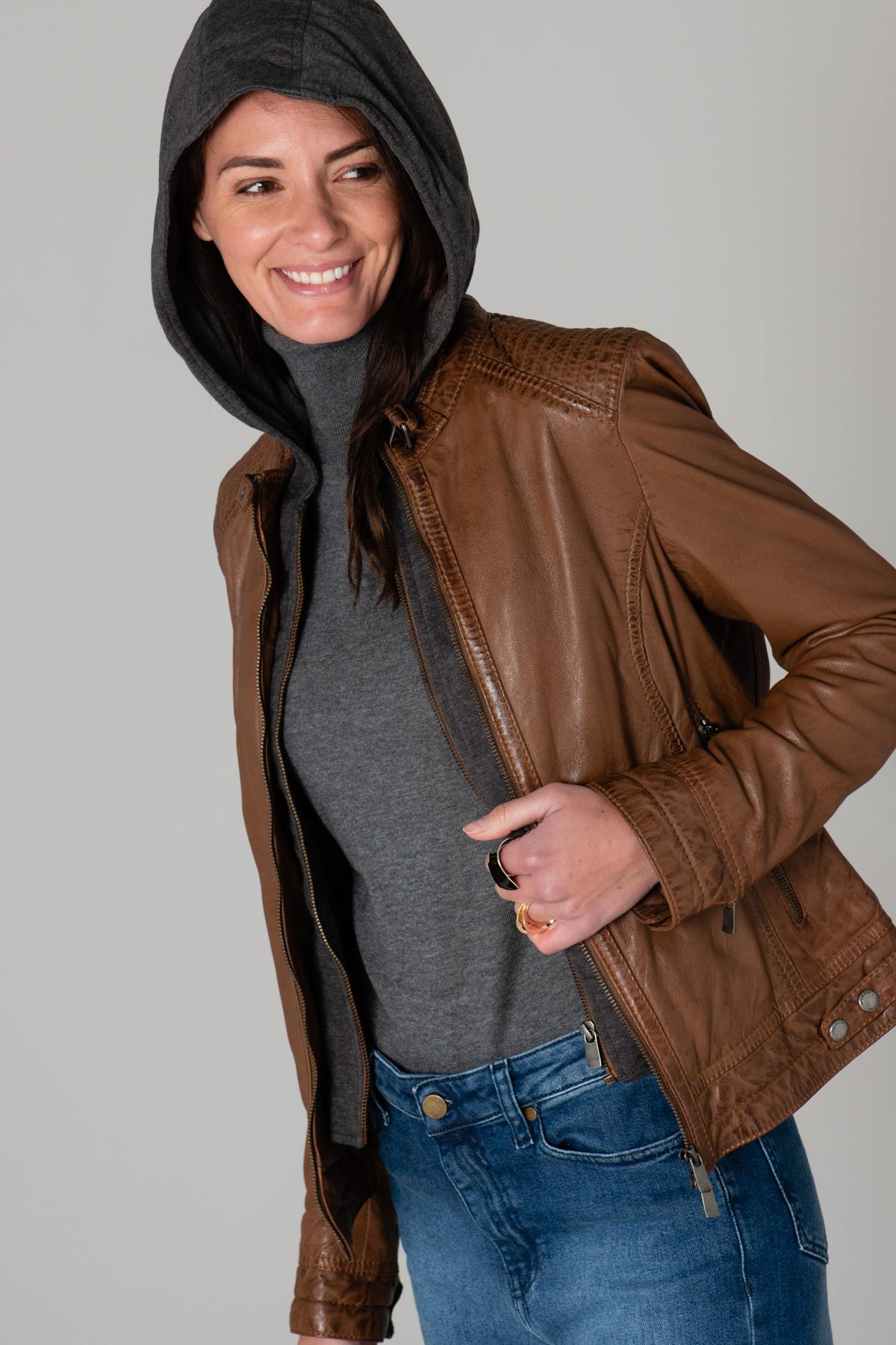 Leather jacket with hooded facing - Image n°5