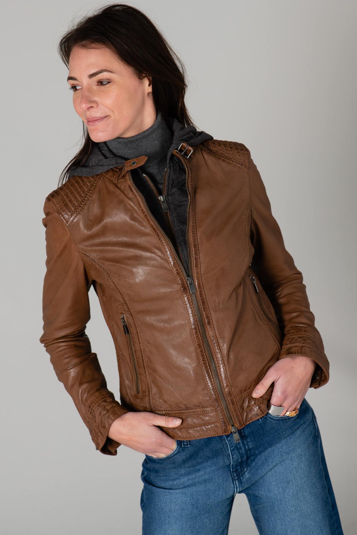 Leather jacket with hooded facing - Image n°4