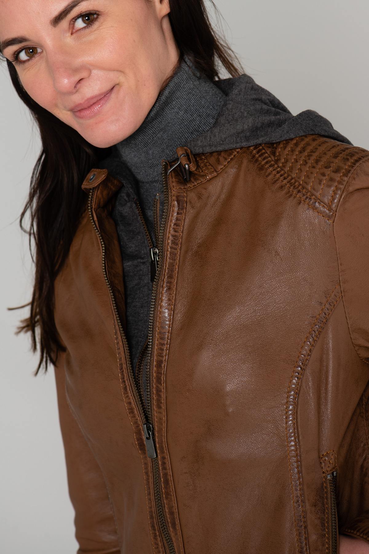 Leather jacket with hooded facing - Image n°8