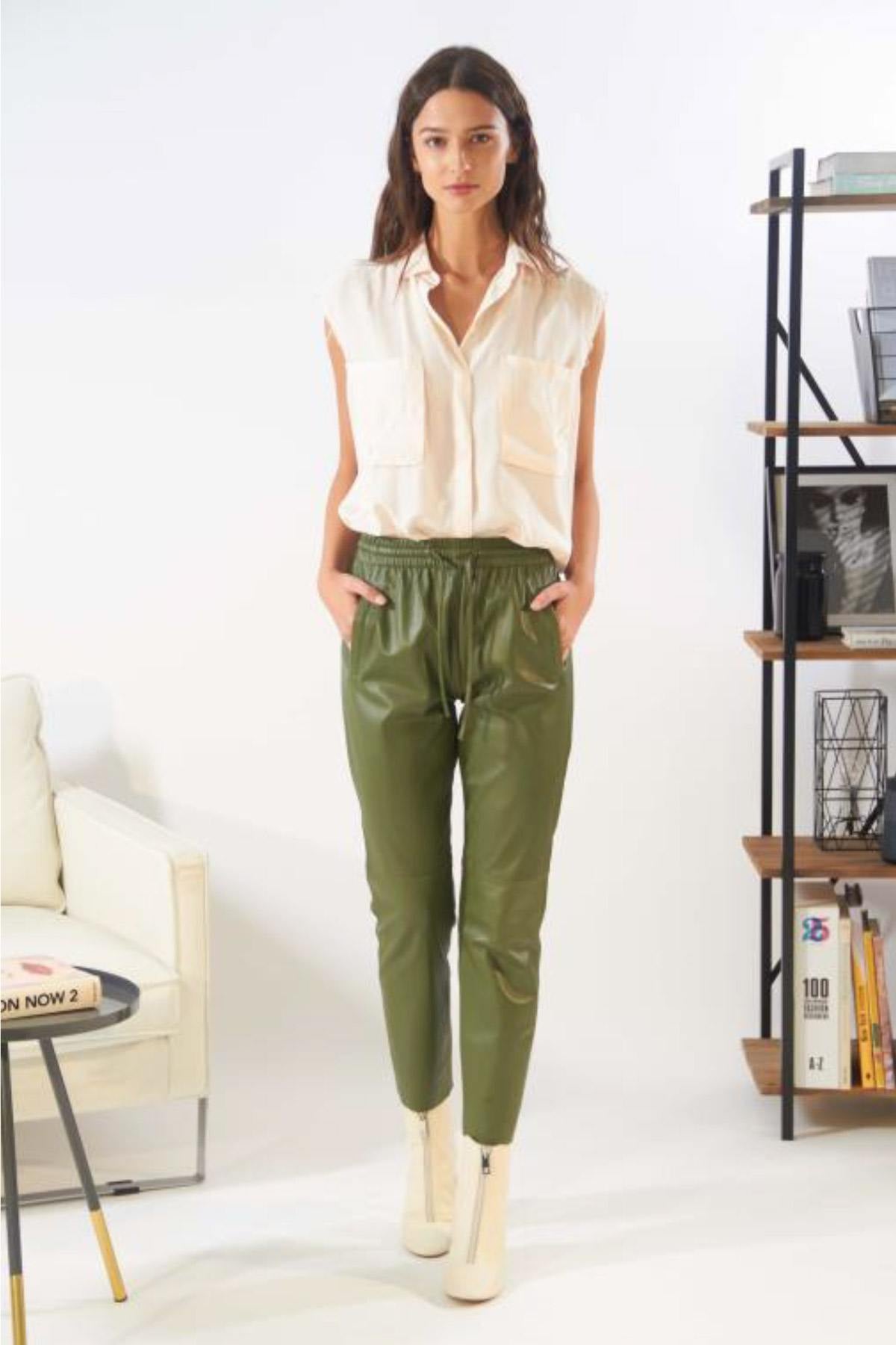 Women's dark green leather pants - Image n°8