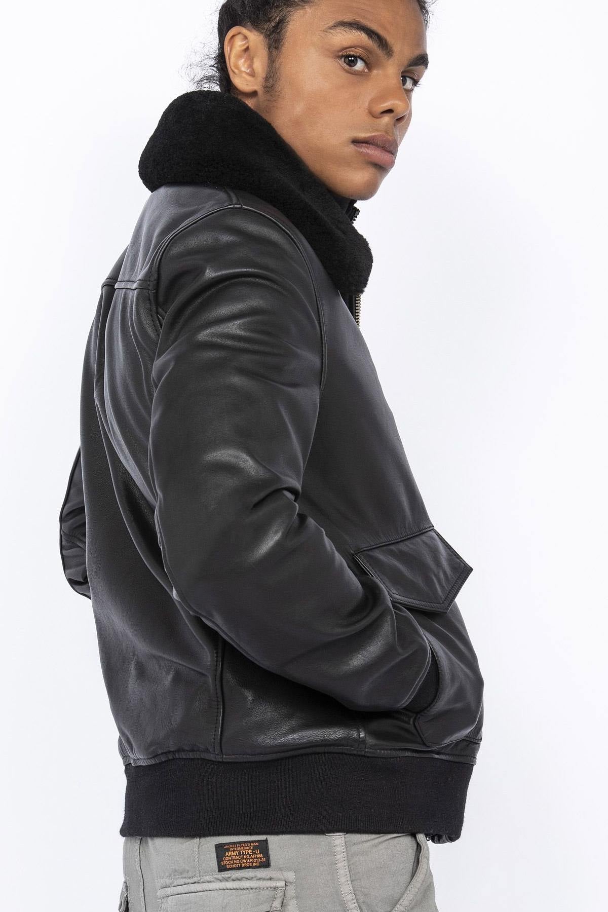 Black pilot jacket with removable collar - Image n°2