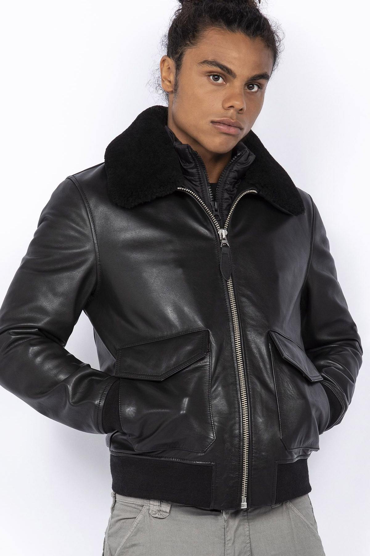 Black pilot jacket with removable collar - Image n°1