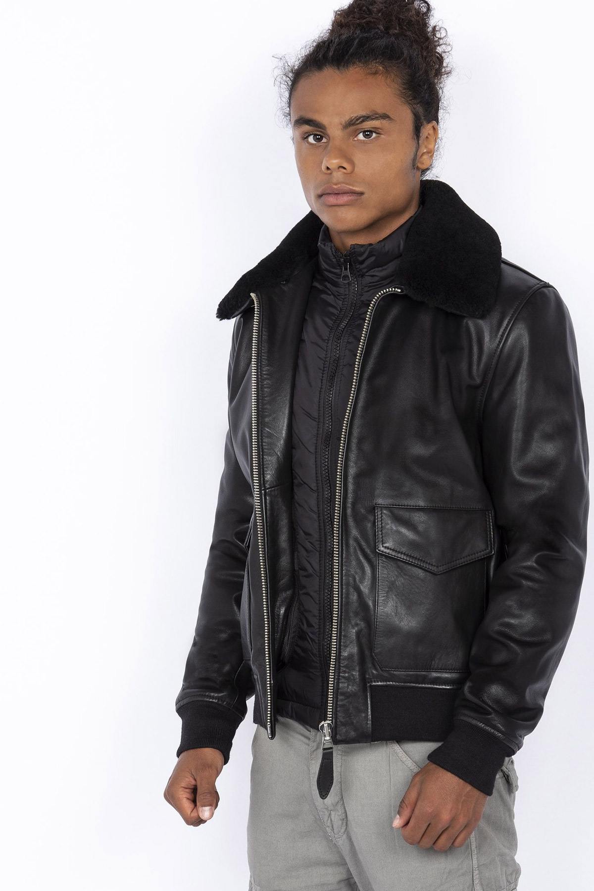 Black pilot jacket with removable collar - Image n°3