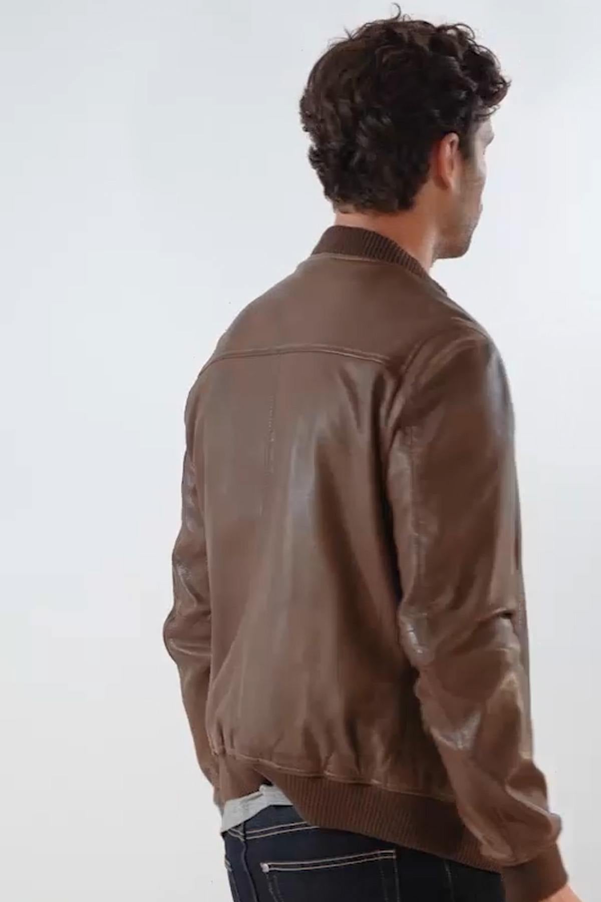 Brown leather bomber jacket - Image n°4